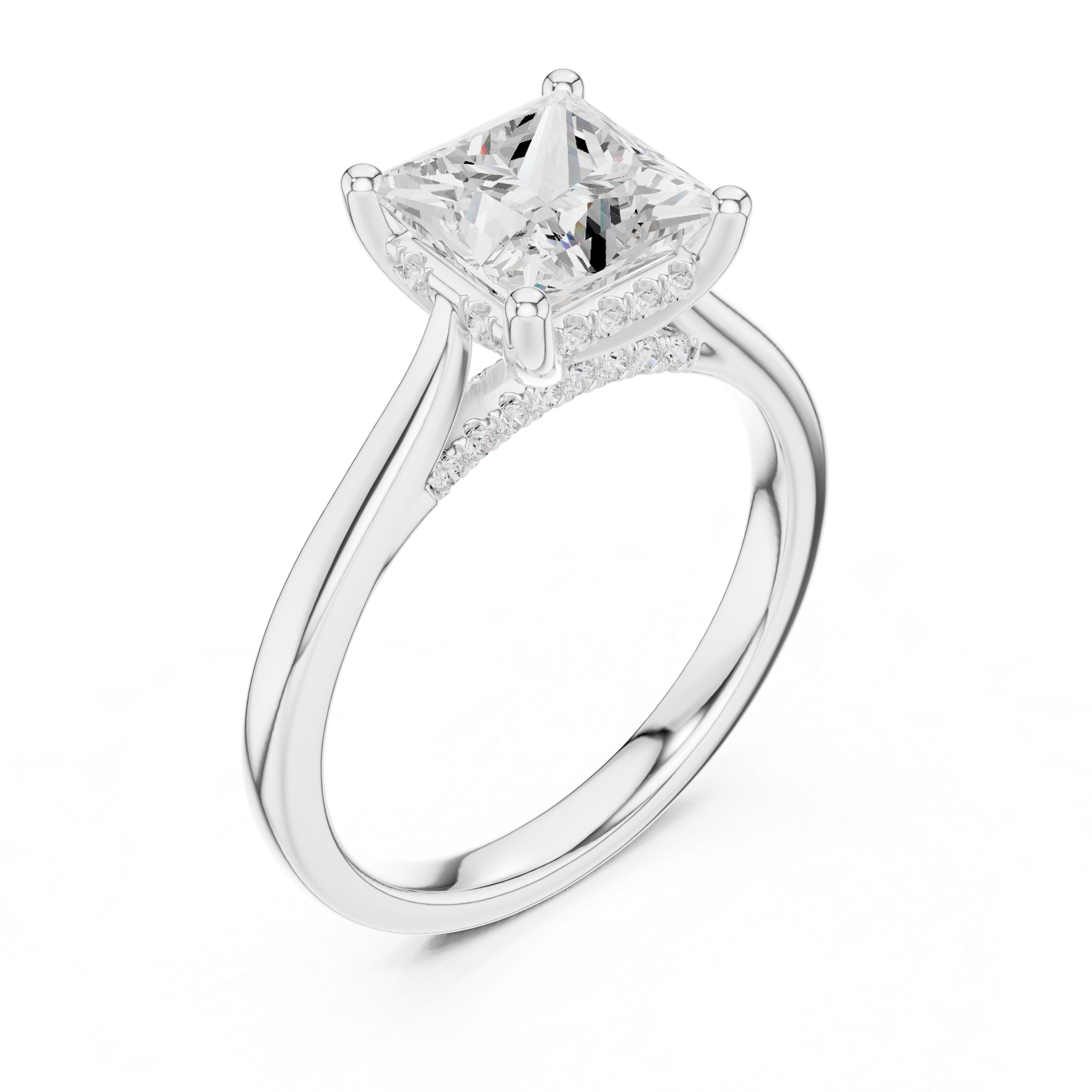Princess Cut Hidden Halo Diamond Engagement Ring with Cathedral Setting