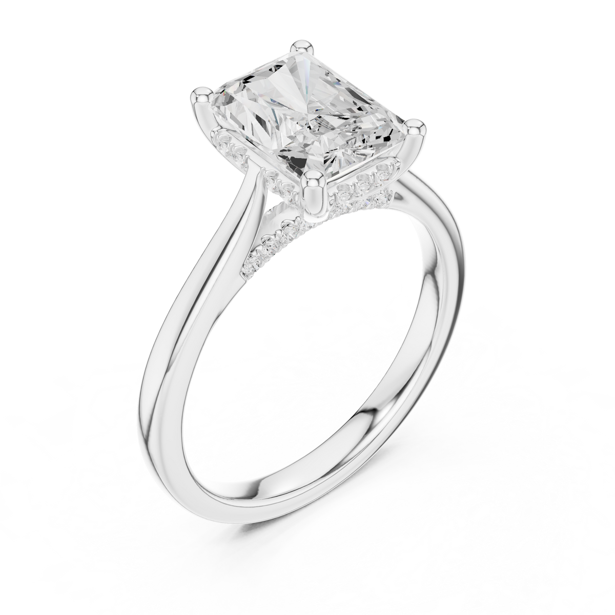 Radiant Cut Hidden Halo Engagement Ring with Cathedral Setting – view 3 of 12, lab grown diamond ring | Jewelix Atelier