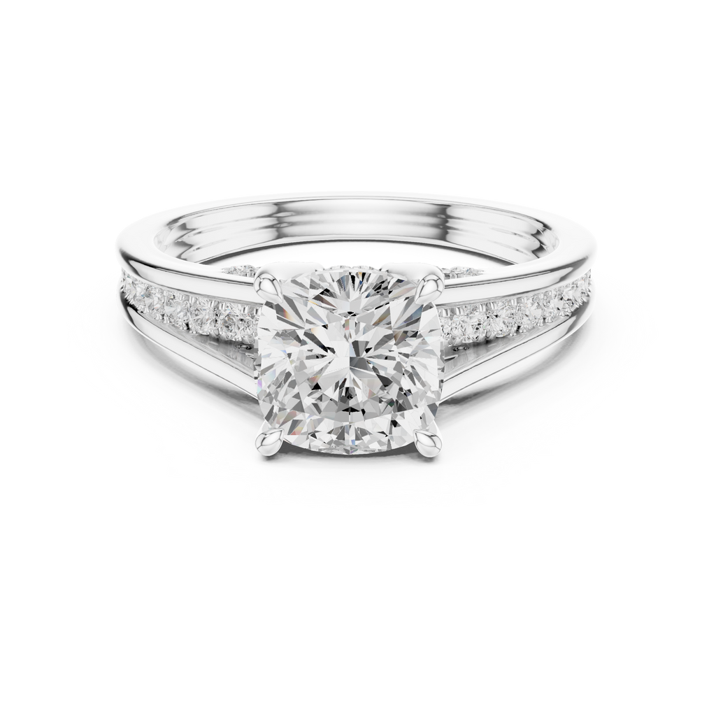 Cushion Cut Cathedral Diamond Engagement Ring with Pavé Shoulders – 2.07 CTW
