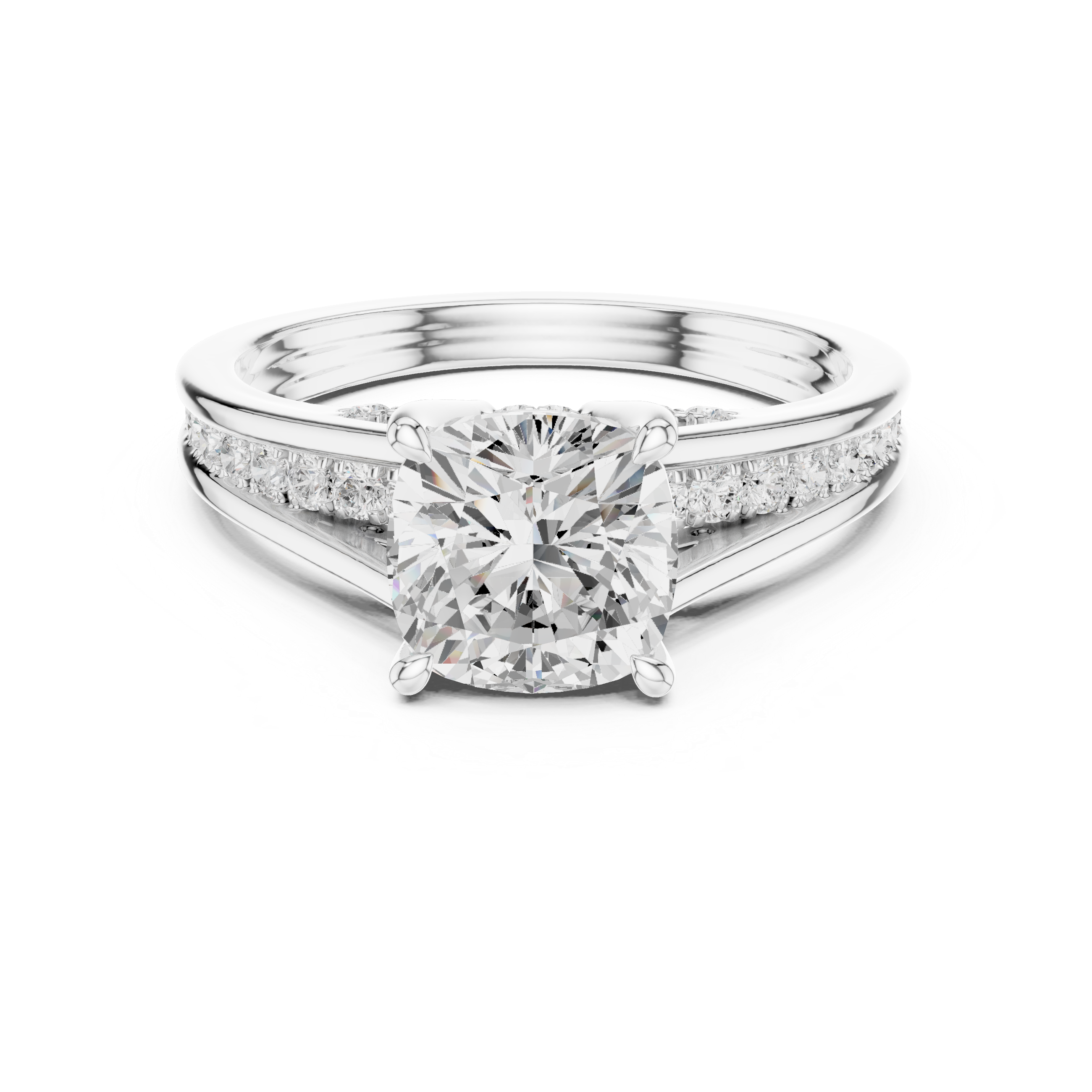 Cushion Cut Cathedral Diamond Engagement Ring with Pavé Shoulders – 2.07 CTW