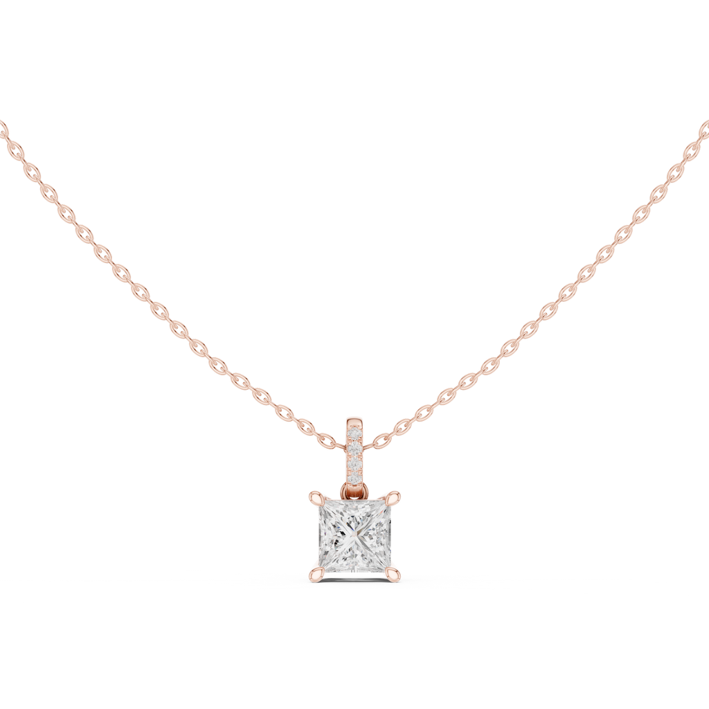 1.50 CT Princess Cut Diamond Pavé Bail Pendant Necklace in 14K & 18K Gold