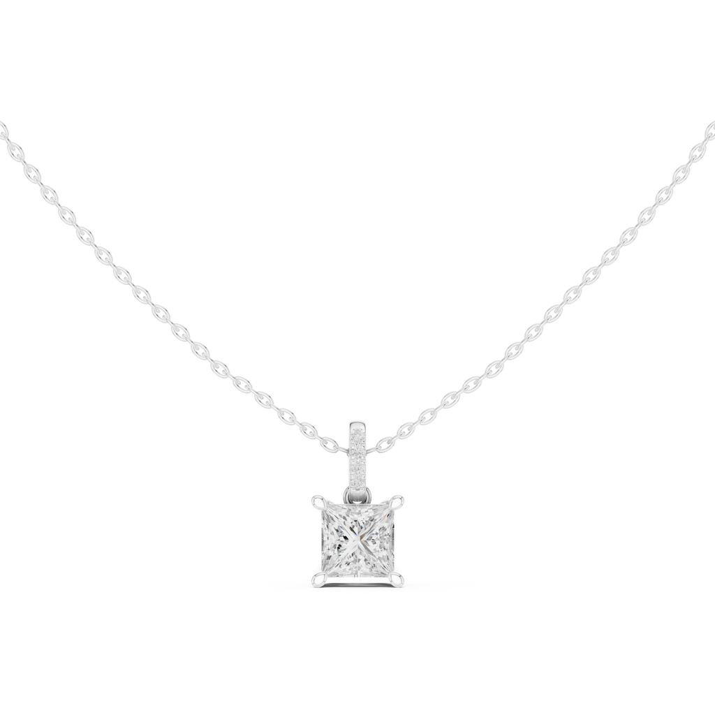 1.50 CT Princess Cut Diamond Pavé Bail Pendant Necklace in 14K & 18K Gold