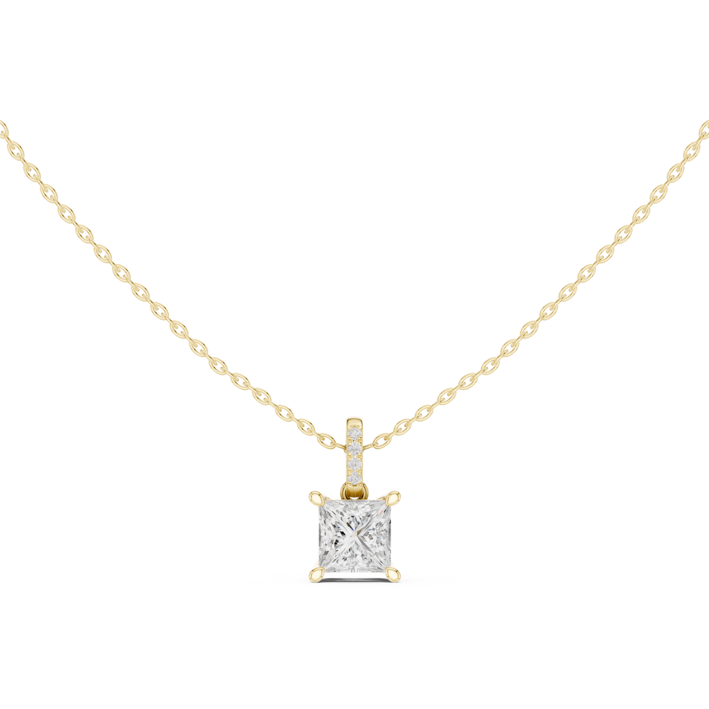 1.50 CT Princess Cut Diamond Pavé Bail Pendant Necklace in 14K & 18K Gold