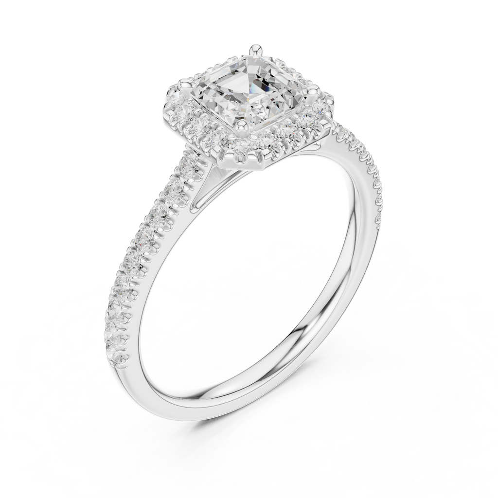 Asscher Cut Halo Diamond Engagement Ring with Pavé Band