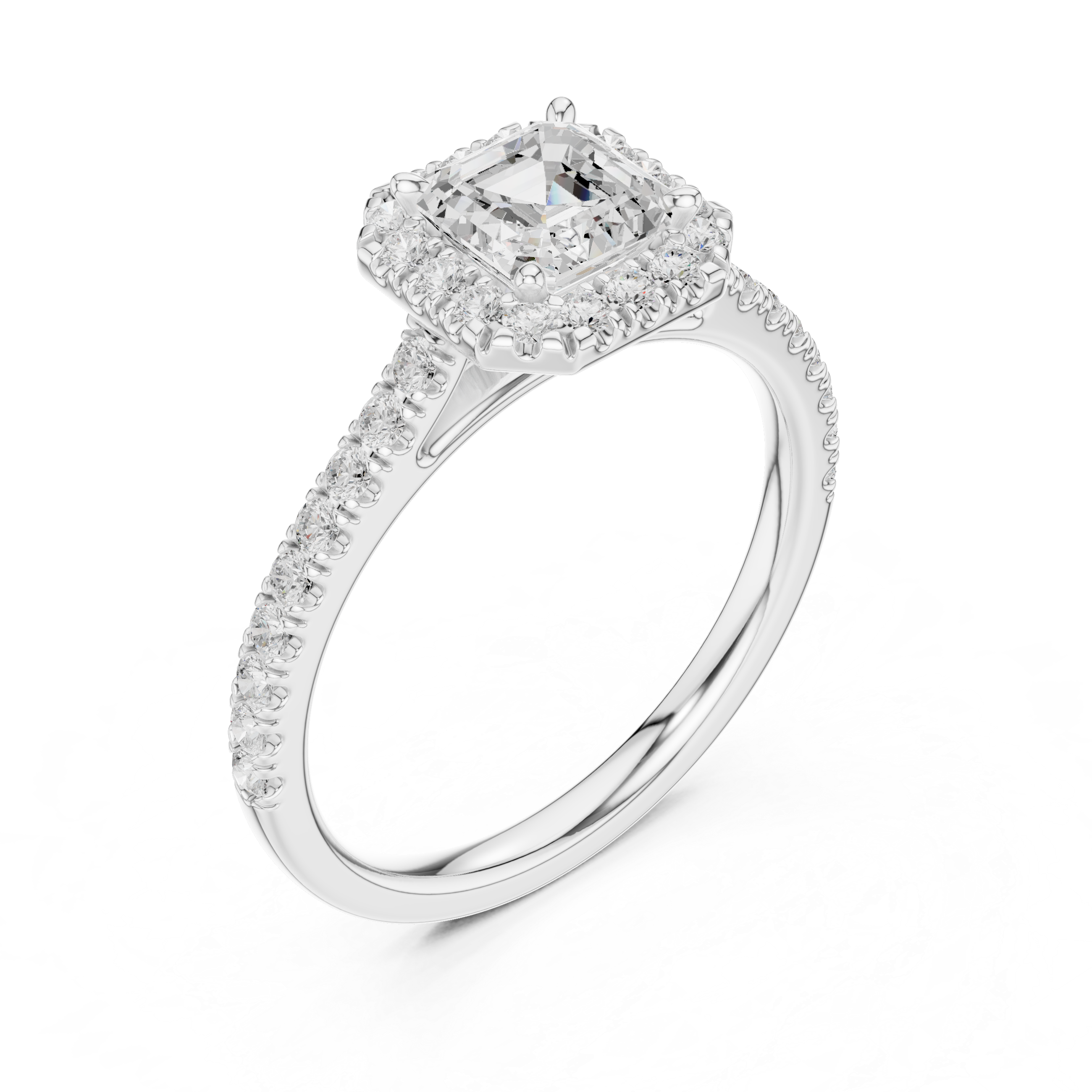 Asscher Cut Halo Diamond Engagement Ring with Pavé Band