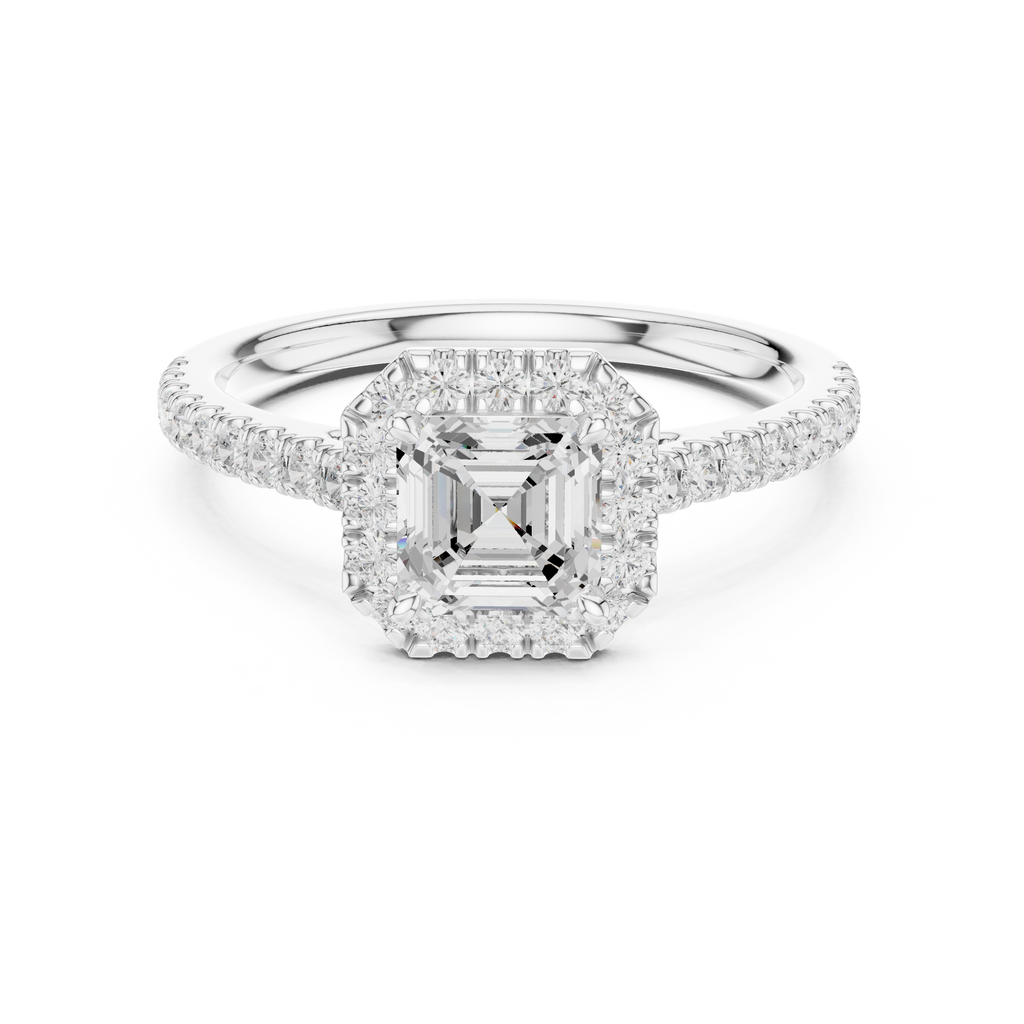Asscher Cut Halo Diamond Engagement Ring with Pavé Band