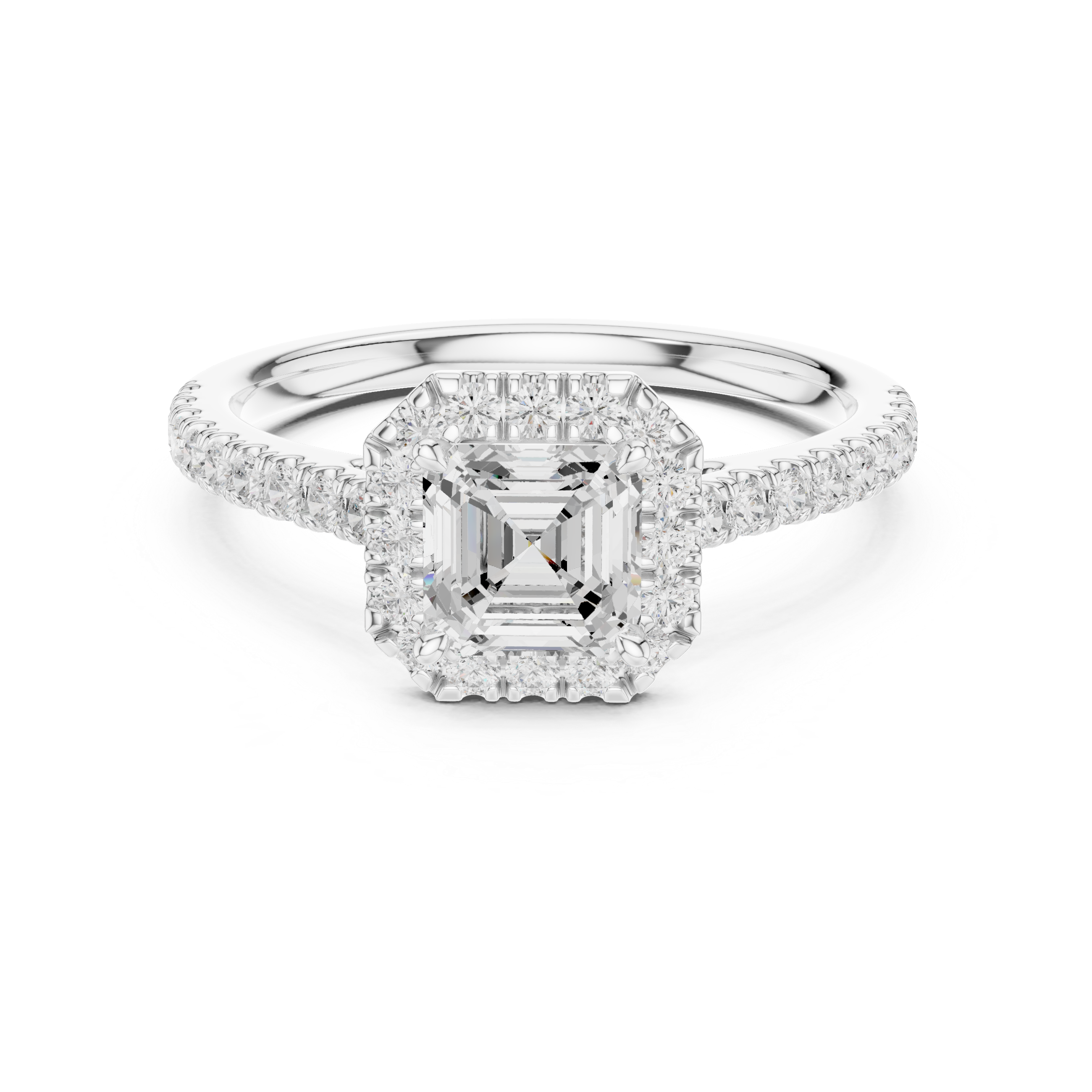 Asscher Cut Halo Diamond Engagement Ring with Pavé Band