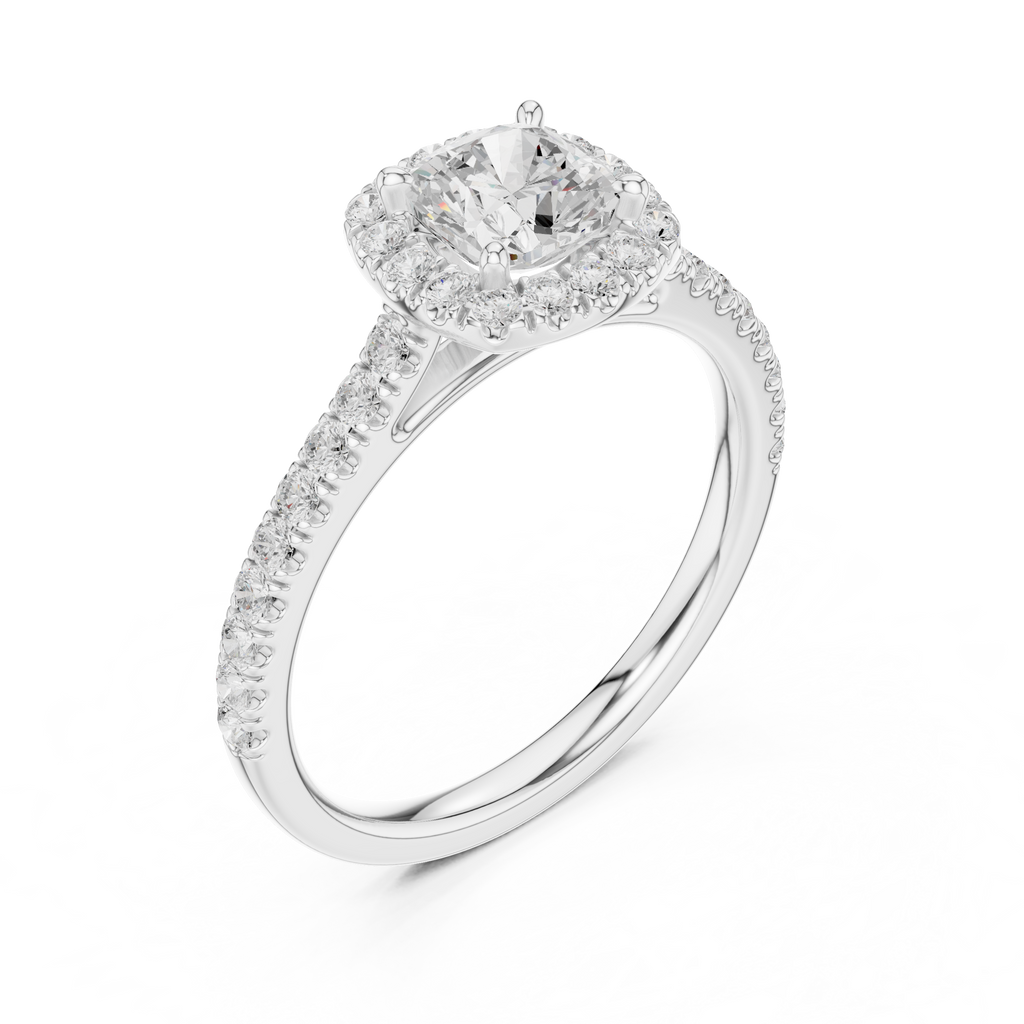 Cushion Cut Halo Diamond Engagement Ring with Pavé Band