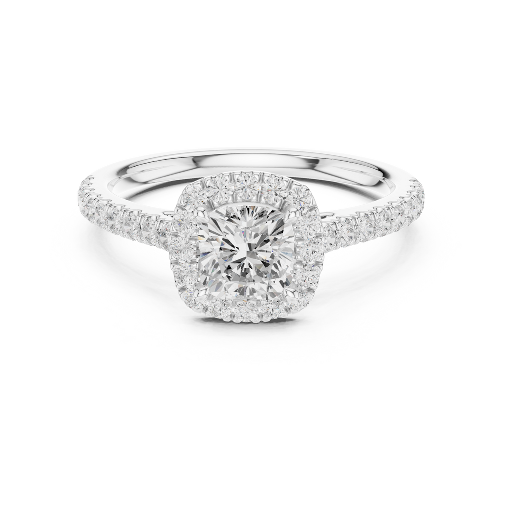 Cushion Cut Halo Diamond Engagement Ring with Pavé Band