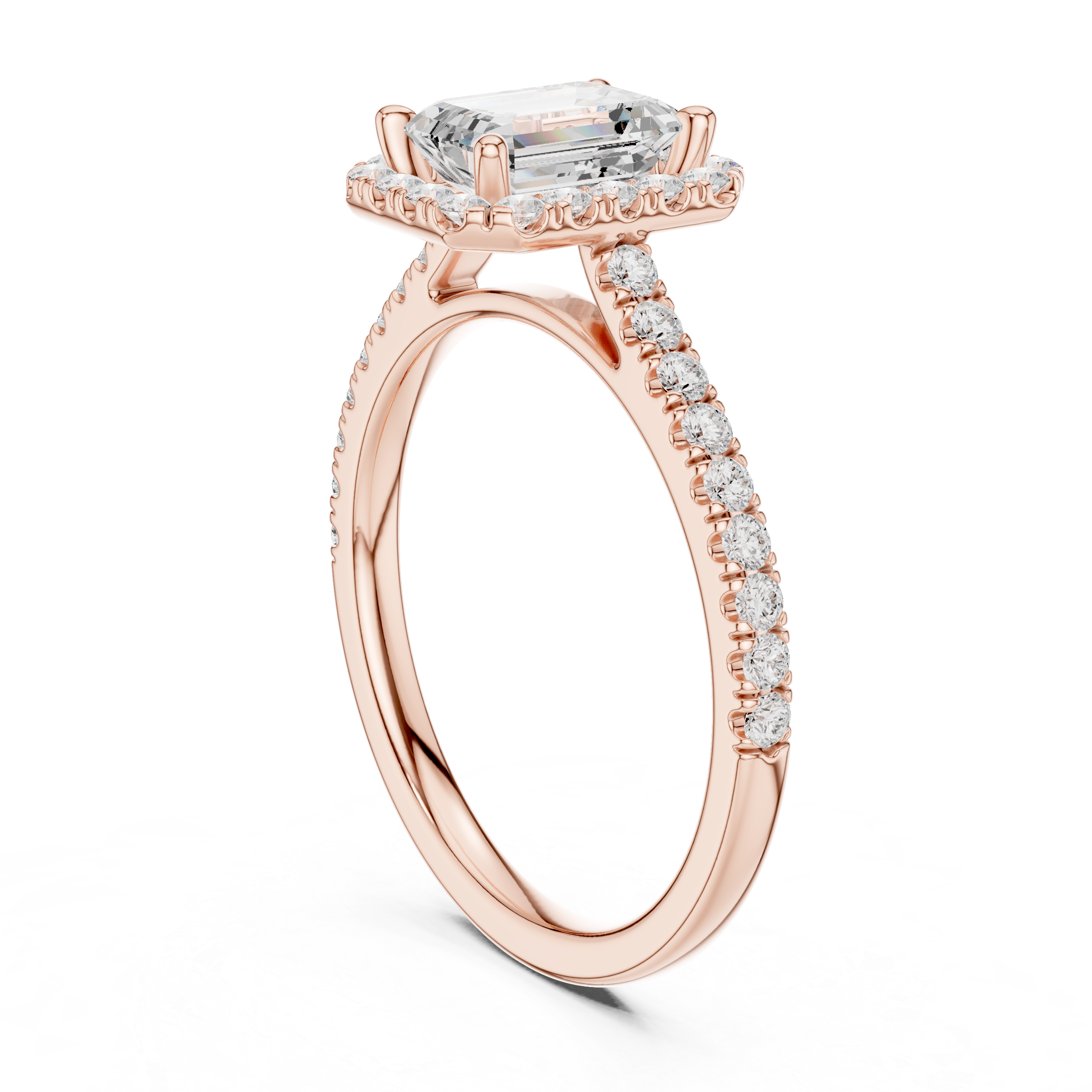 Emerald Cut Halo Diamond Engagement Ring with Pavé Band