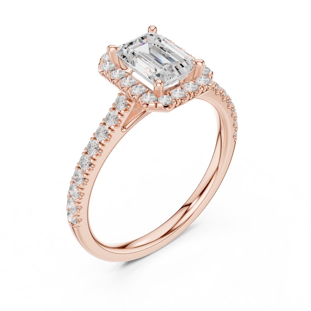 Emerald Cut Halo Diamond Engagement Ring with Pavé Band