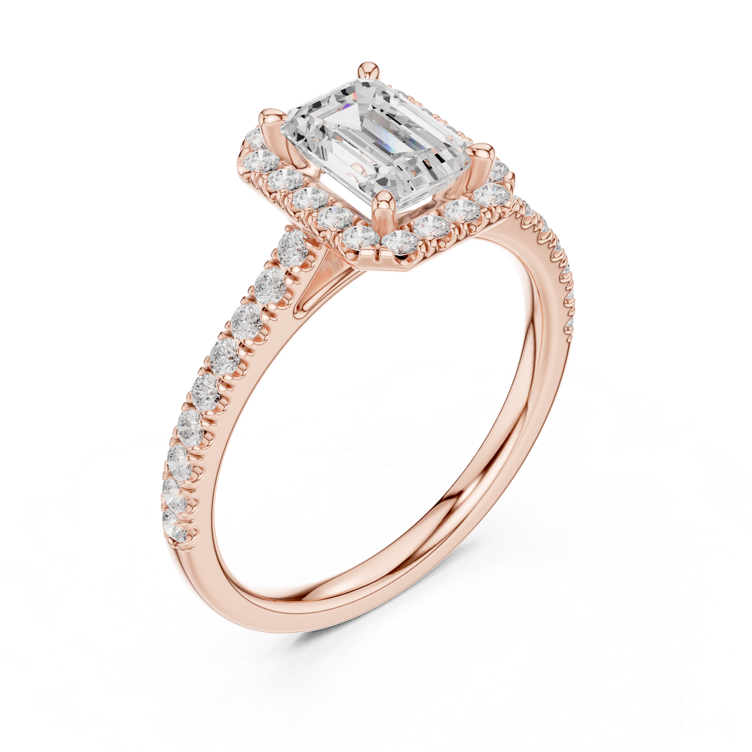 Emerald Cut Halo Diamond Engagement Ring with Pavé Band