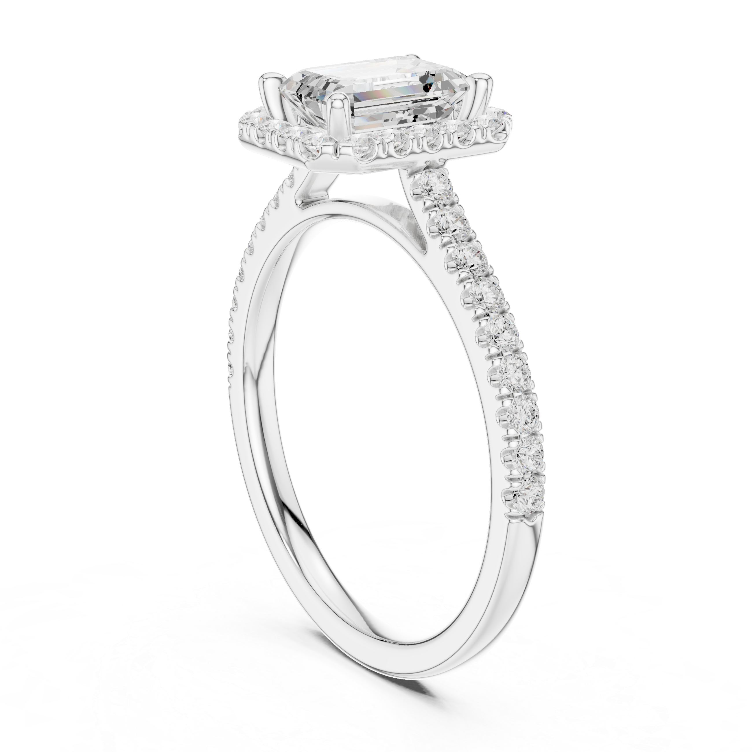 Emerald Cut Halo Diamond Engagement Ring with Pavé Band