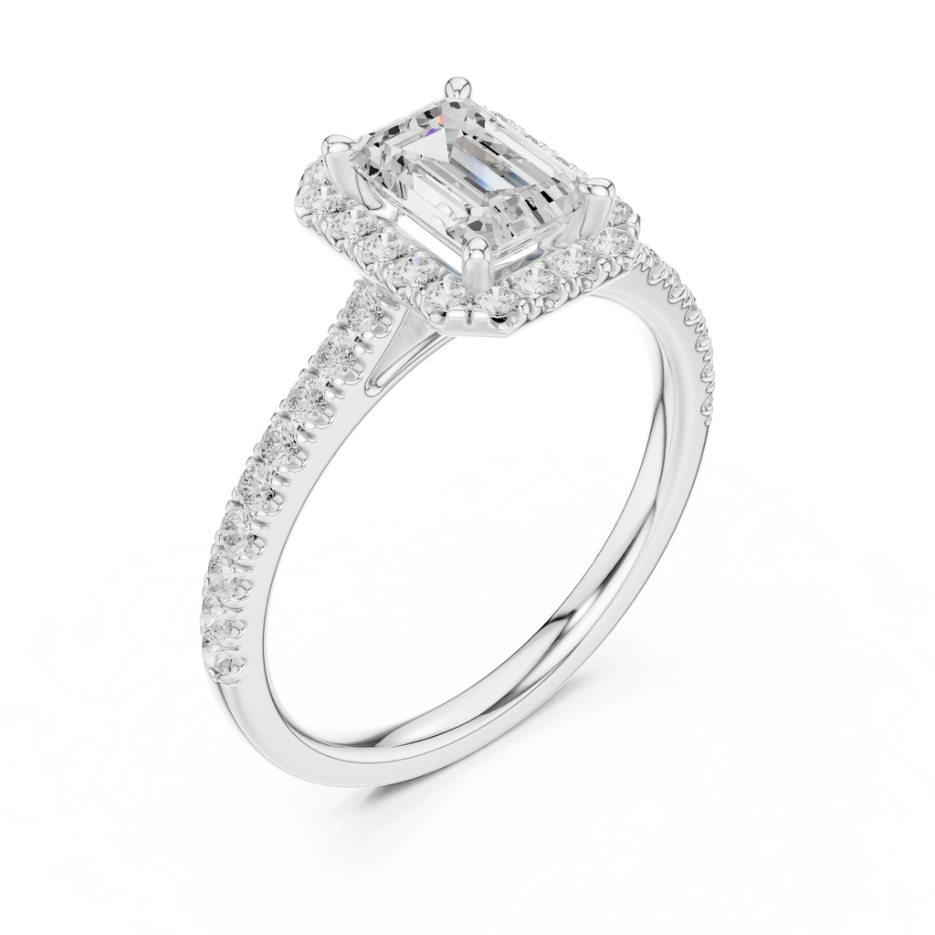 Emerald Cut Halo Diamond Engagement Ring with Pavé Band