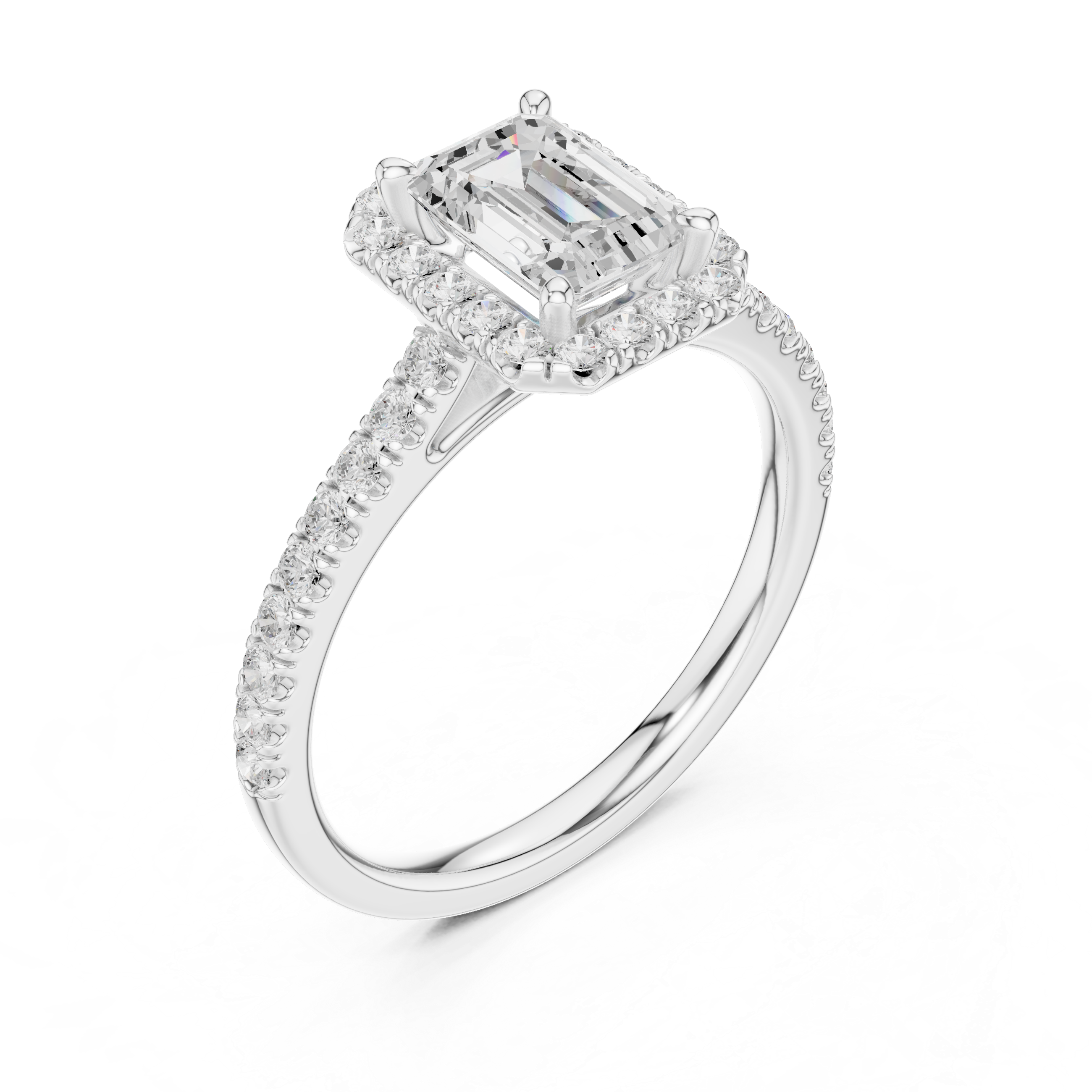 Emerald Cut Halo Diamond Engagement Ring with Pavé Band