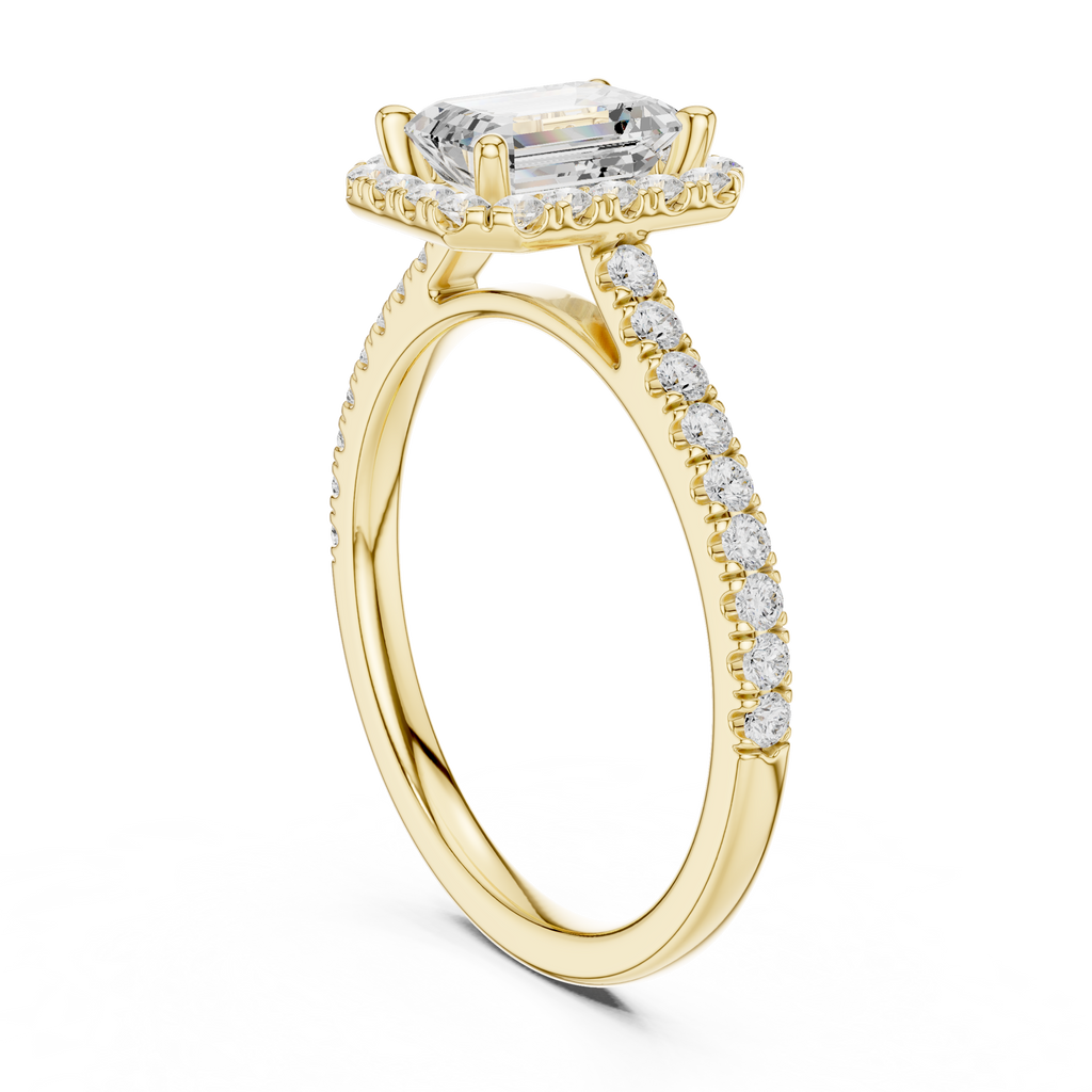 Emerald Cut Halo Diamond Engagement Ring with Pavé Band