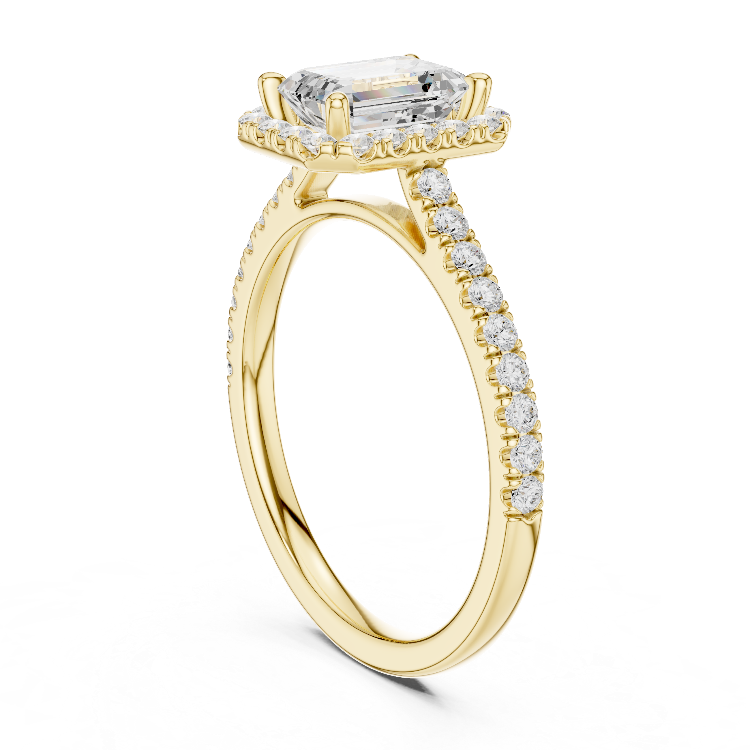 Emerald Cut Halo Diamond Engagement Ring with Pavé Band
