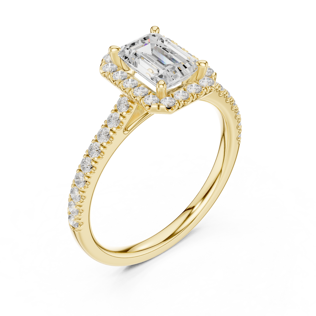 Emerald Cut Halo Diamond Engagement Ring with Pavé Band