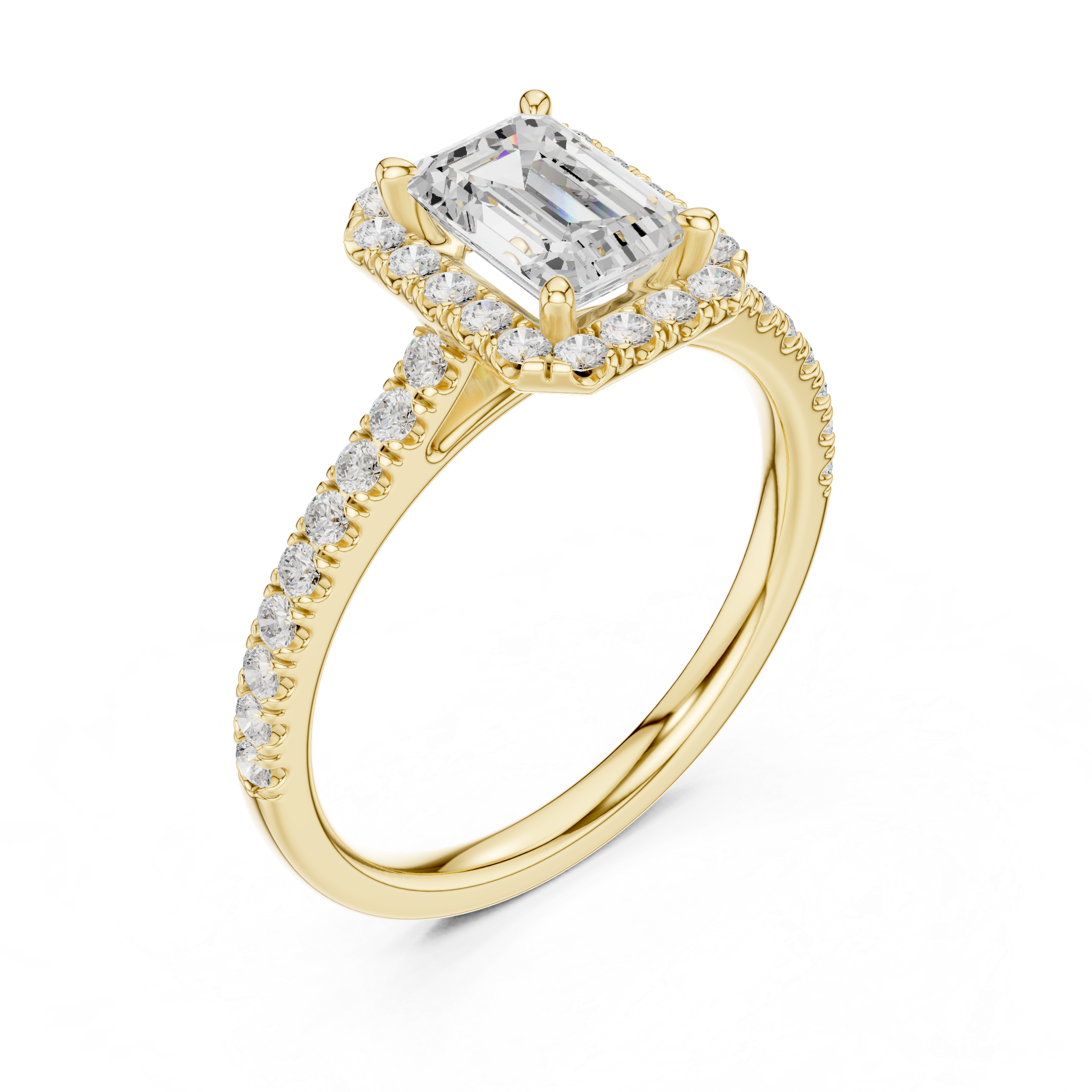 Emerald Cut Halo Diamond Engagement Ring with Pavé Band