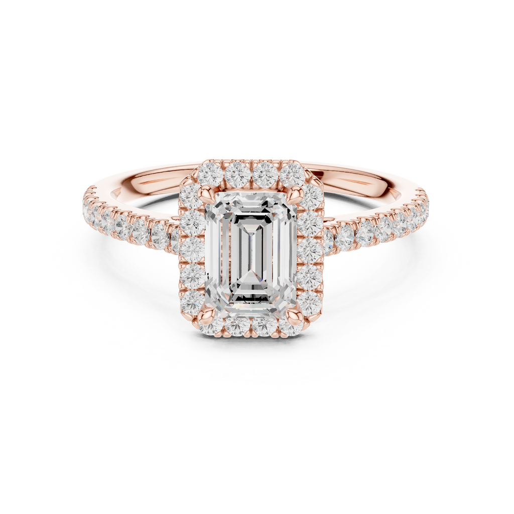 Emerald Cut Halo Diamond Engagement Ring with Pavé Band