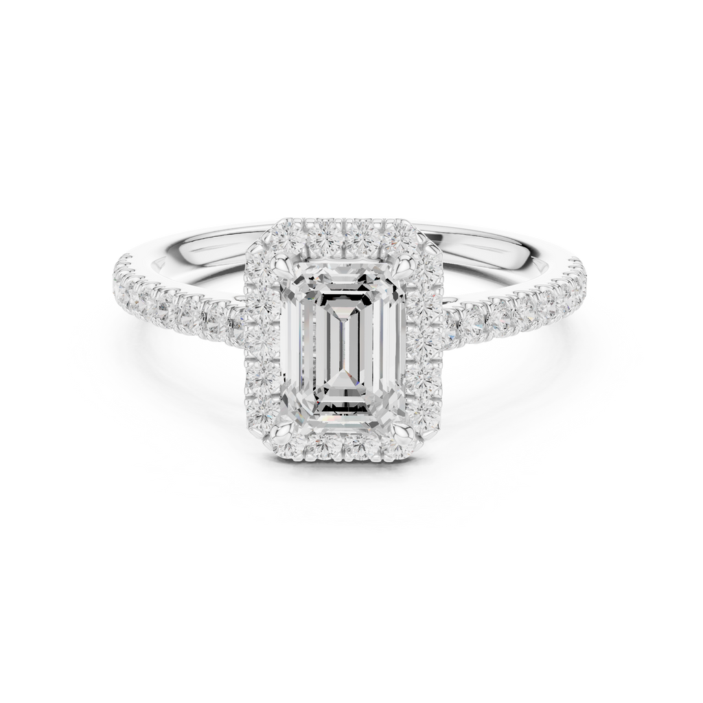 Emerald Cut Halo Diamond Engagement Ring with Pavé Band