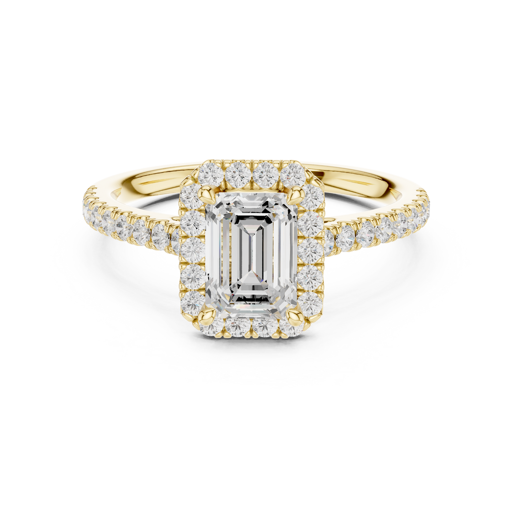 Emerald Cut Halo Diamond Engagement Ring with Pavé Band