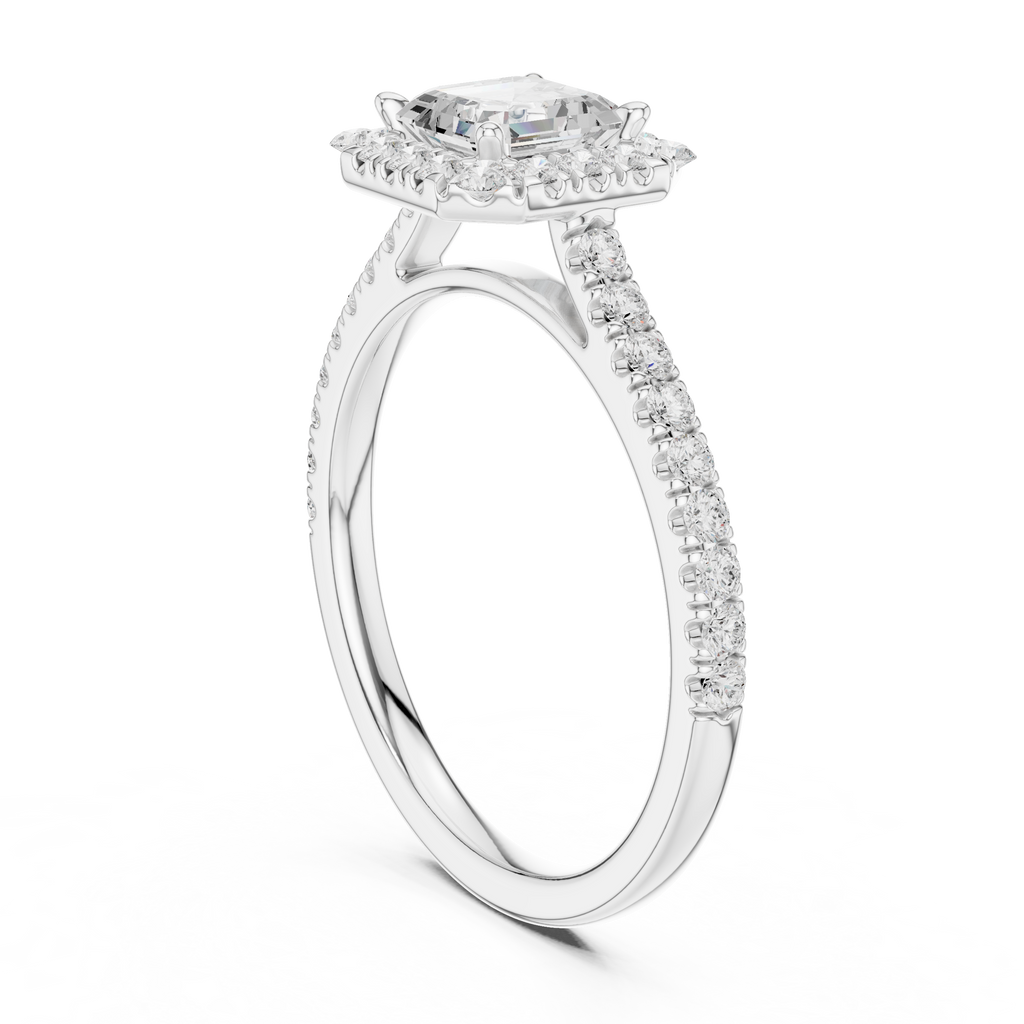 Princess Cut Halo Diamond Engagement Ring with Pavé Band