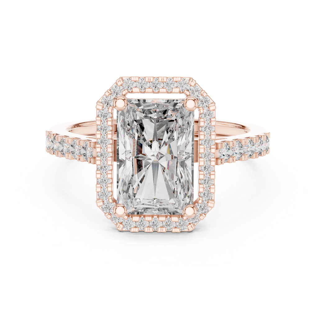 2.59 CT Radiant Cut Diamond Halo Engagement Ring with Pavé Band