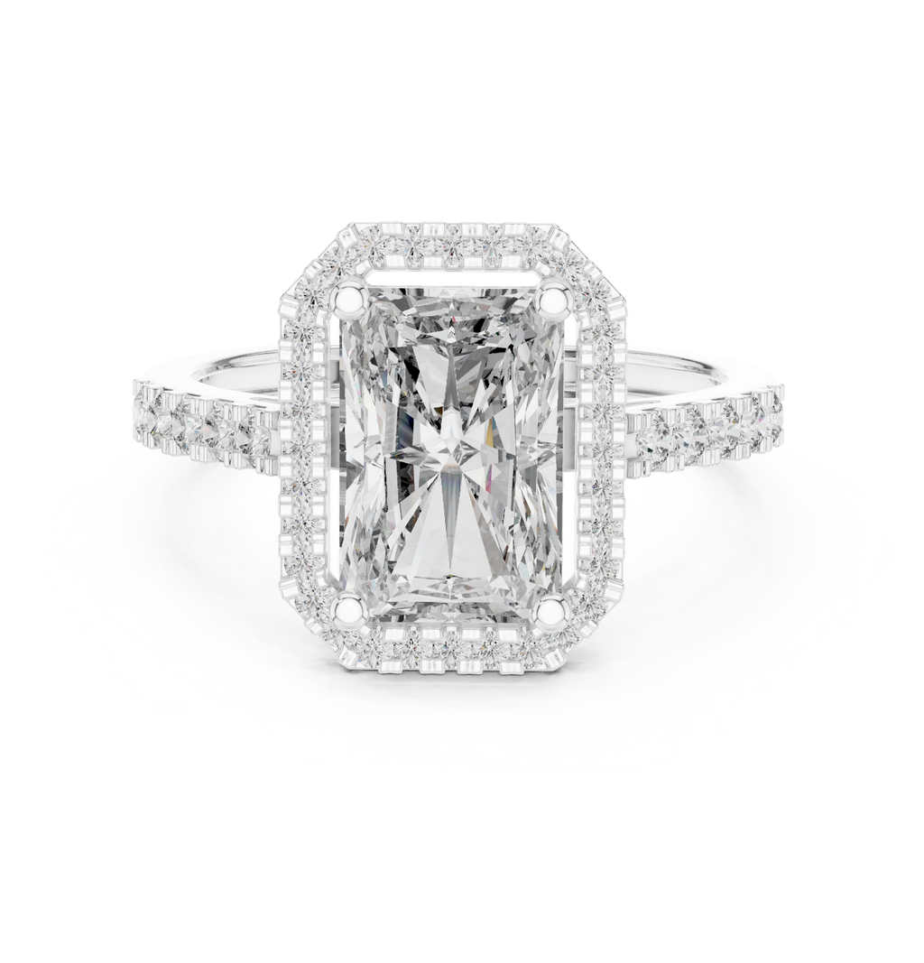 2.59 CT Radiant Cut Diamond Halo Engagement Ring with Pavé Band