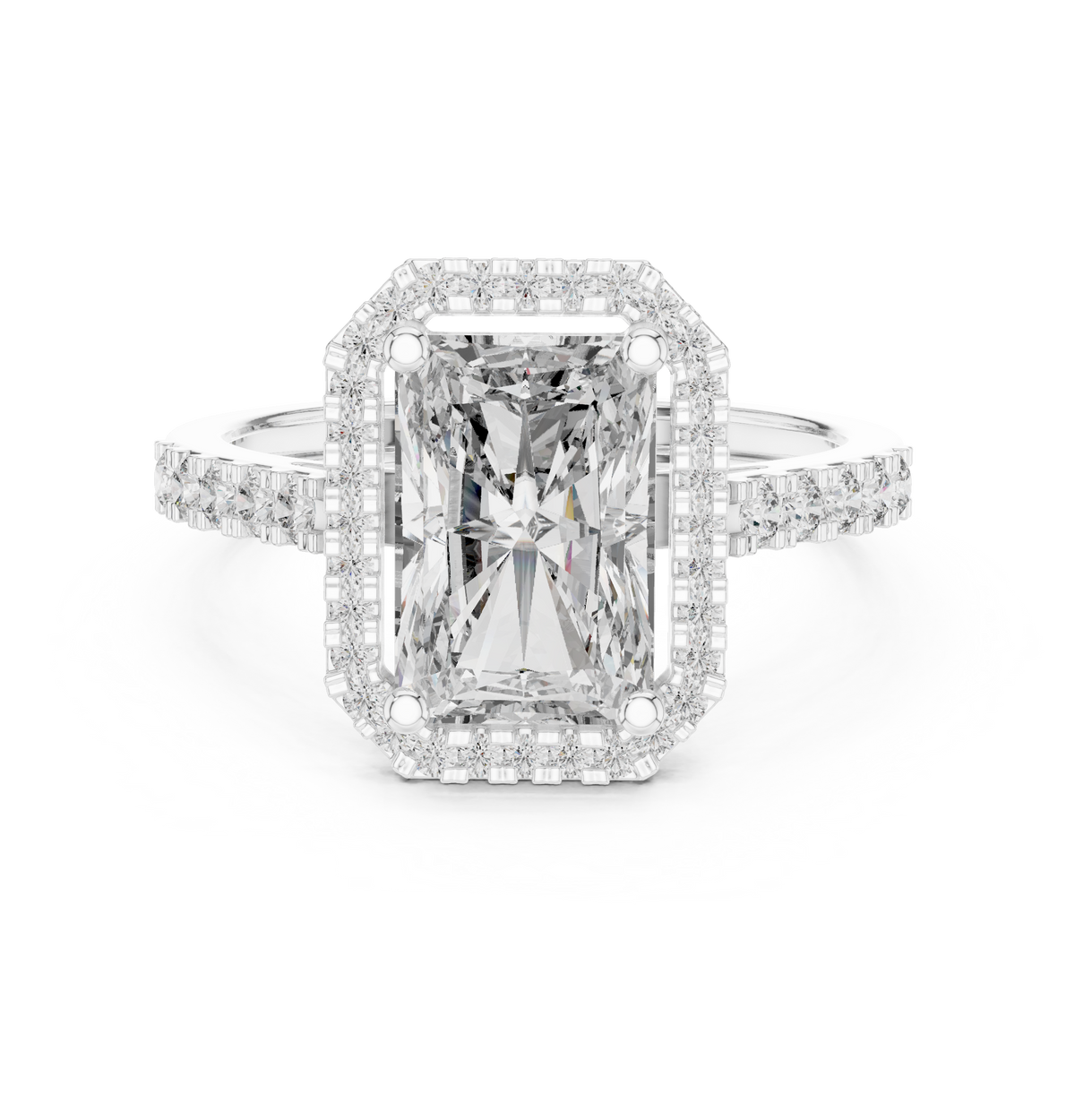 Radiant Cut Diamond Halo Engagement Ring with Pavé Band — Jewelix Atelier