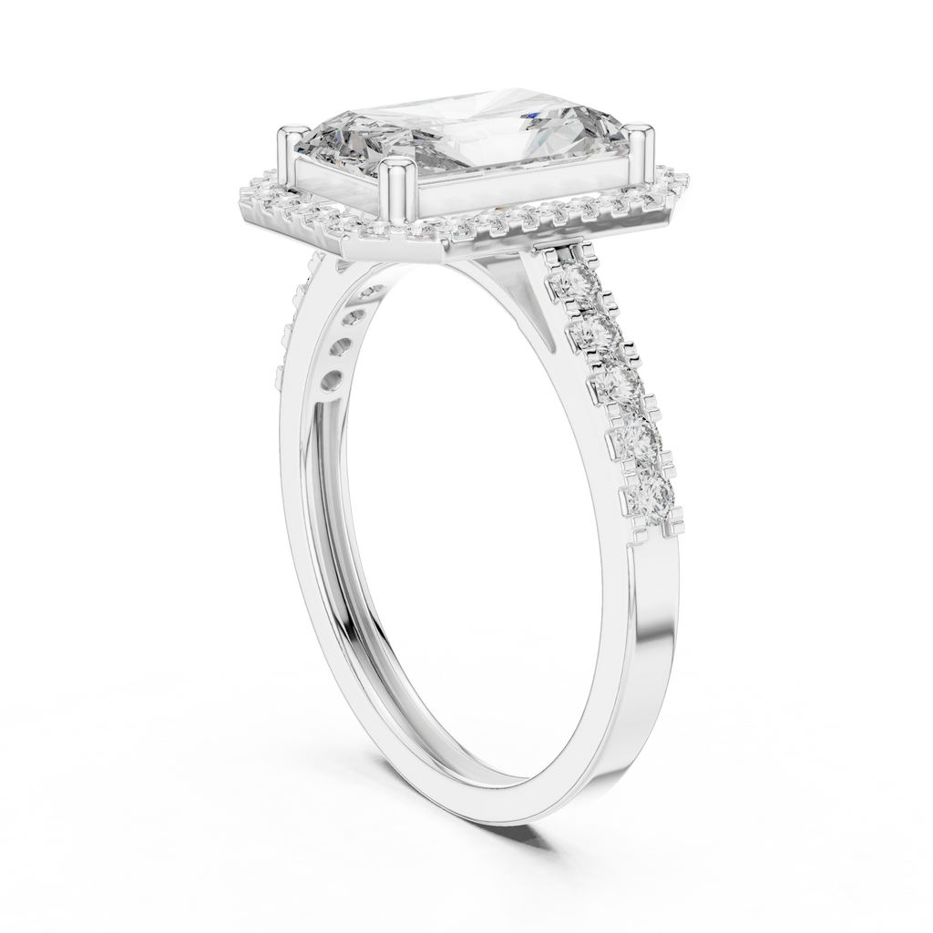 2.59 CT Radiant Cut Diamond Halo Engagement Ring with Pavé Band