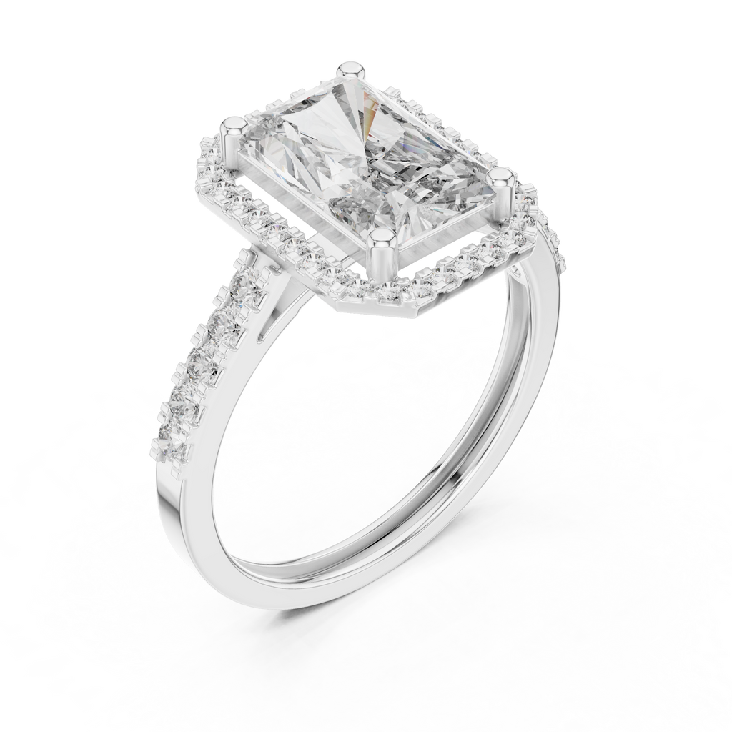2.59 CT Radiant Cut Diamond Halo Engagement Ring with Pavé Band