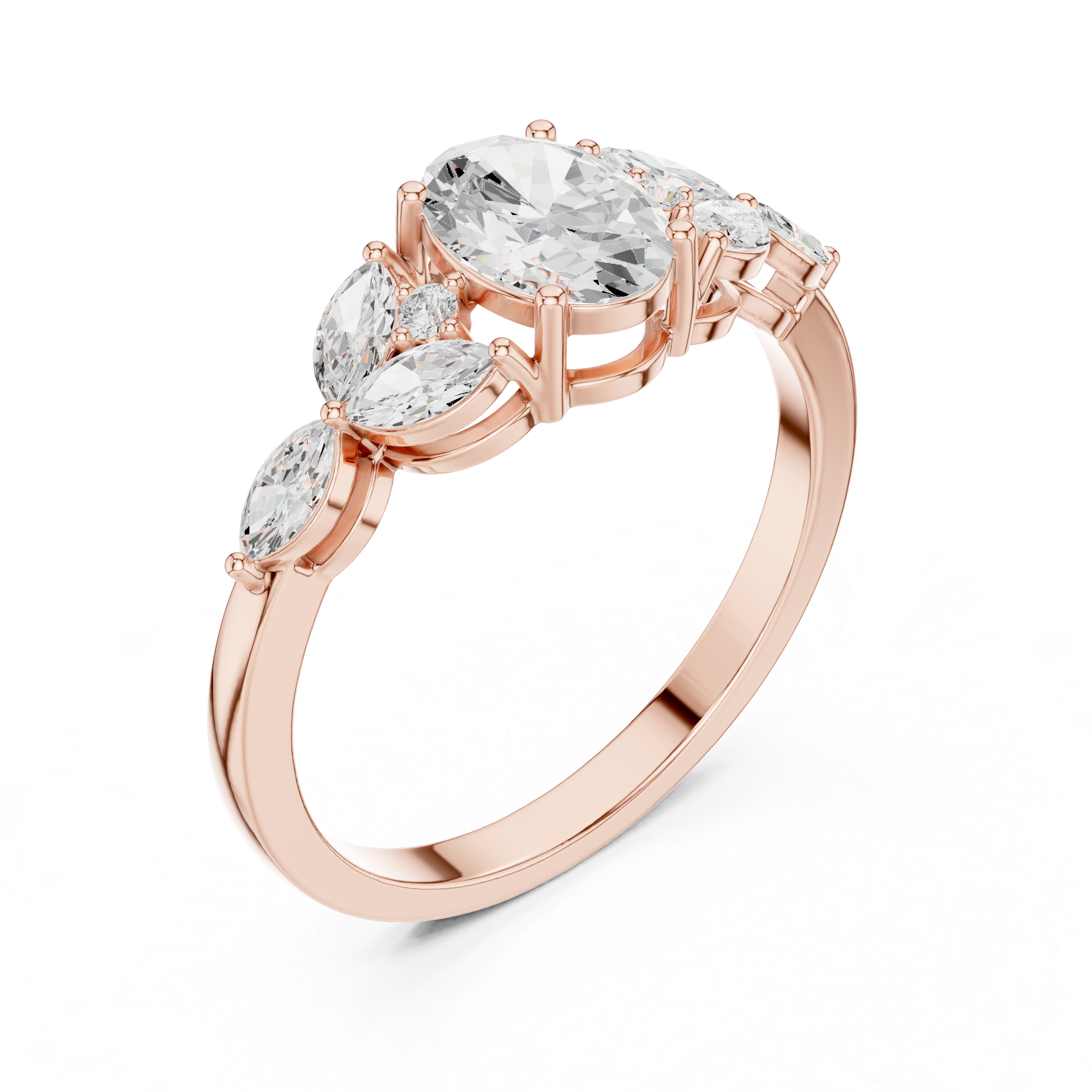 1.00 CT Oval Cut Diamond Three Stone Engagement Ring with Marquise Side Diamonds