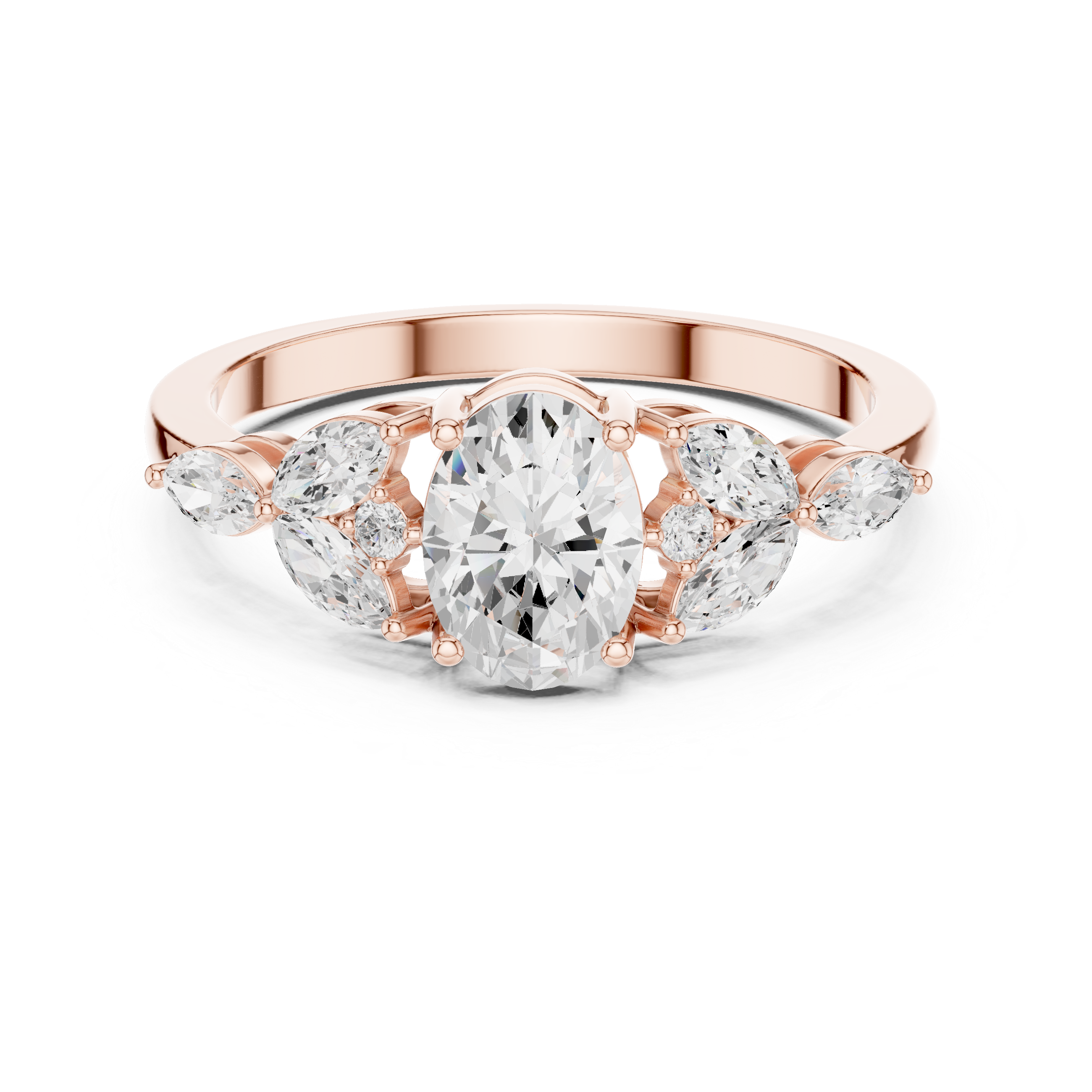 1.00 CT Oval Cut Diamond Three Stone Engagement Ring with Marquise Side Diamonds
