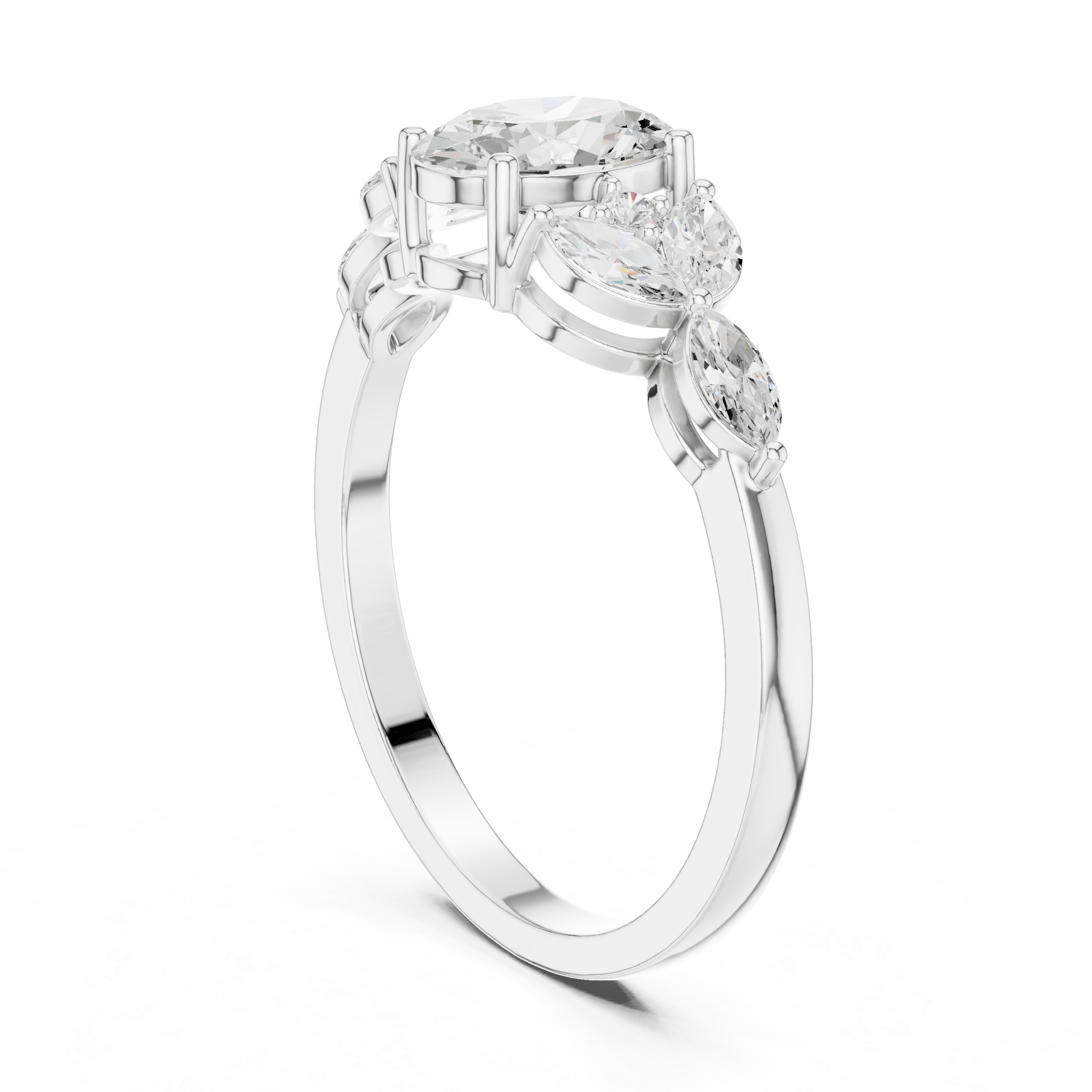 1.00 CT Oval Cut Diamond Three Stone Engagement Ring with Marquise Side Diamonds