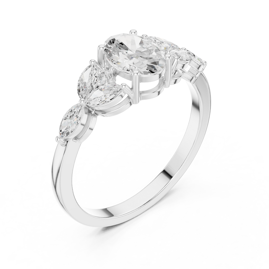 1.00 CT Oval Cut Diamond Three Stone Engagement Ring with Marquise Side Diamonds