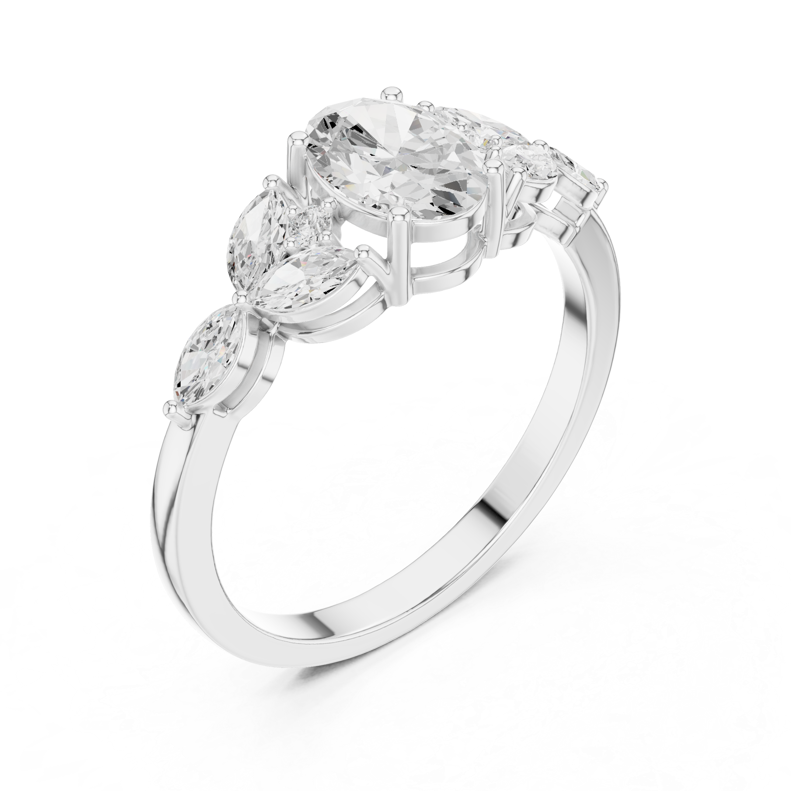1.00 CT Oval Cut Diamond Three Stone Engagement Ring with Marquise Side Diamonds
