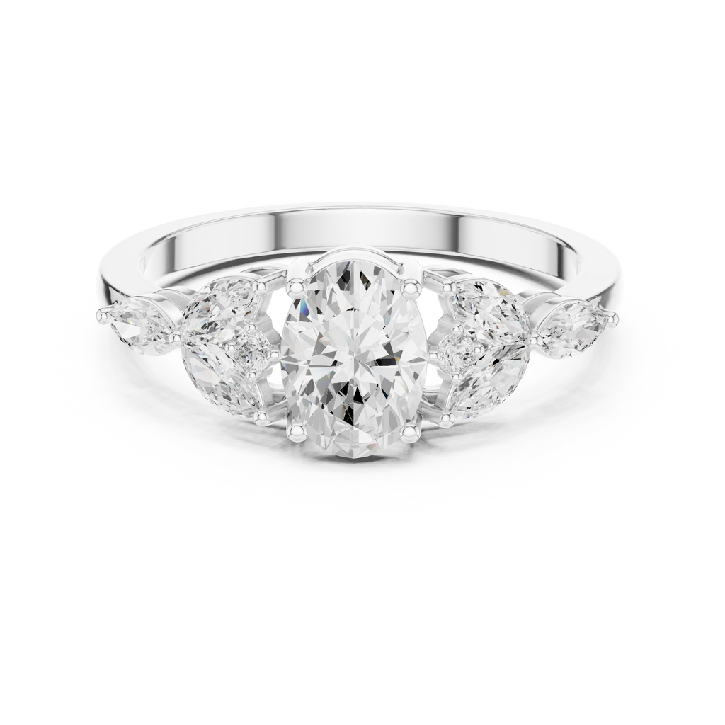 1.00 CT Oval Cut Diamond Three Stone Engagement Ring with Marquise Side Diamonds