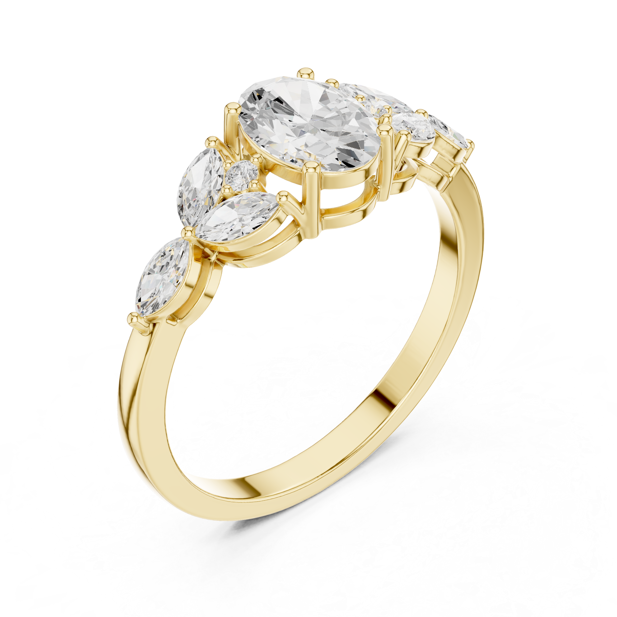 1.00 CT Oval Cut Diamond Three Stone Engagement Ring with Marquise Side Diamonds
