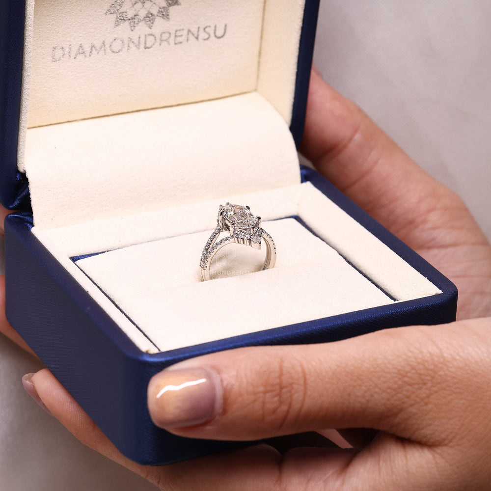 1 - 2 CT Elongated Hexagon Engagement Ring with Double Curved Band