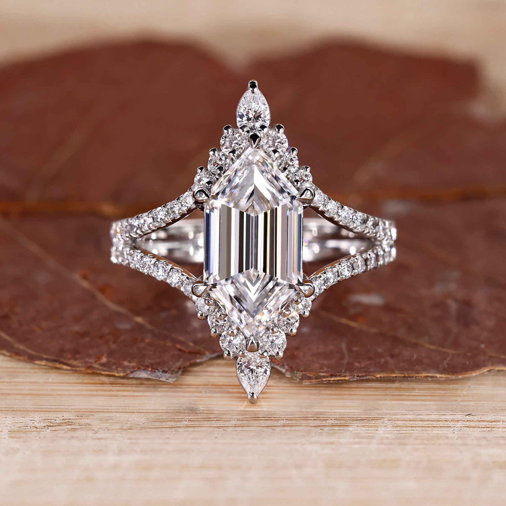 1 - 2 CT Elongated Hexagon Engagement Ring with Double Curved Band