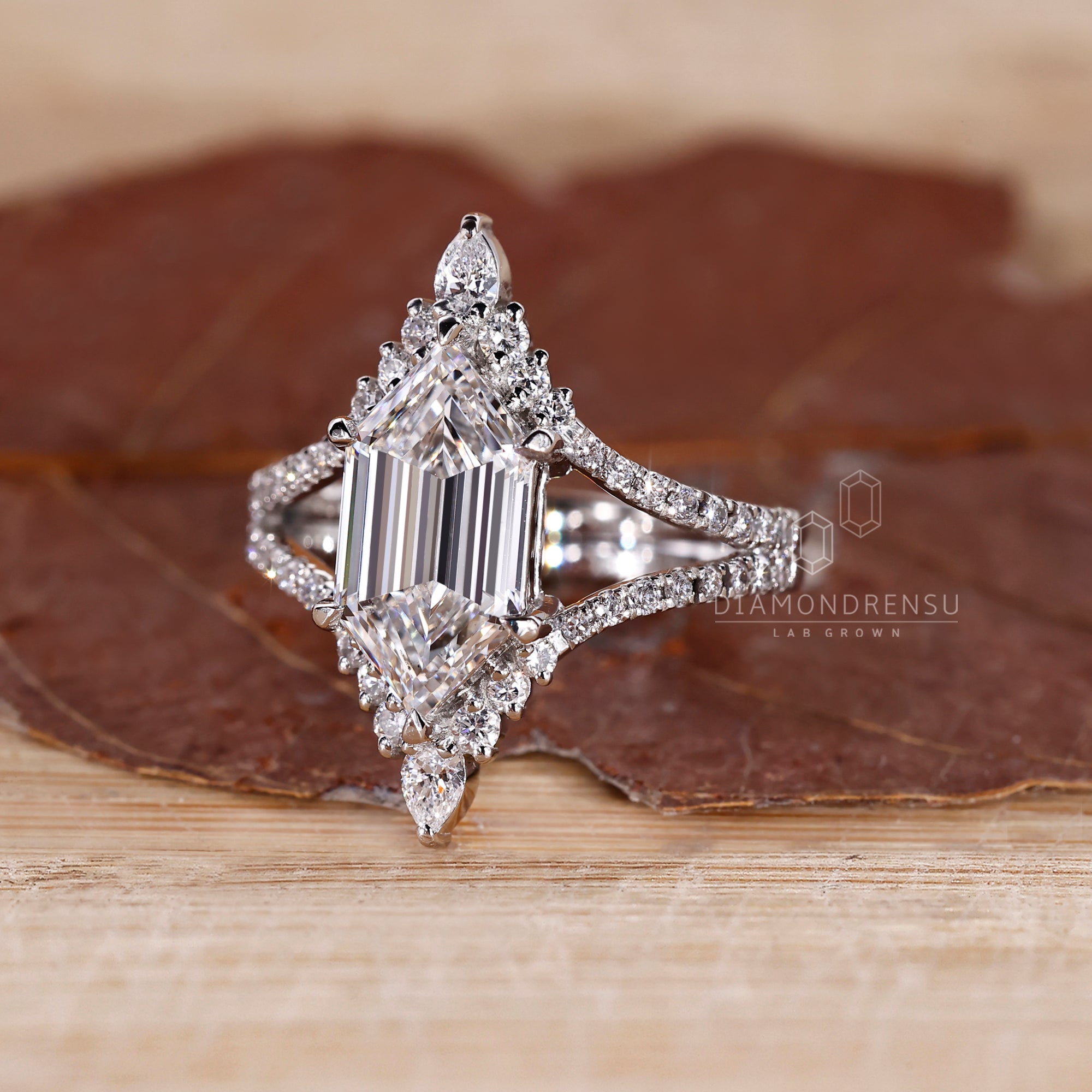 1 - 2 CT Elongated Hexagon Engagement Ring with Double Curved Band
