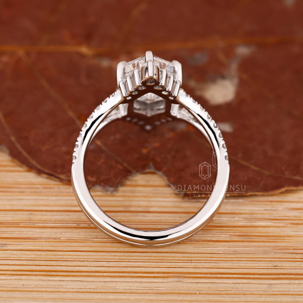 1 - 2 CT Elongated Hexagon Engagement Ring with Double Curved Band