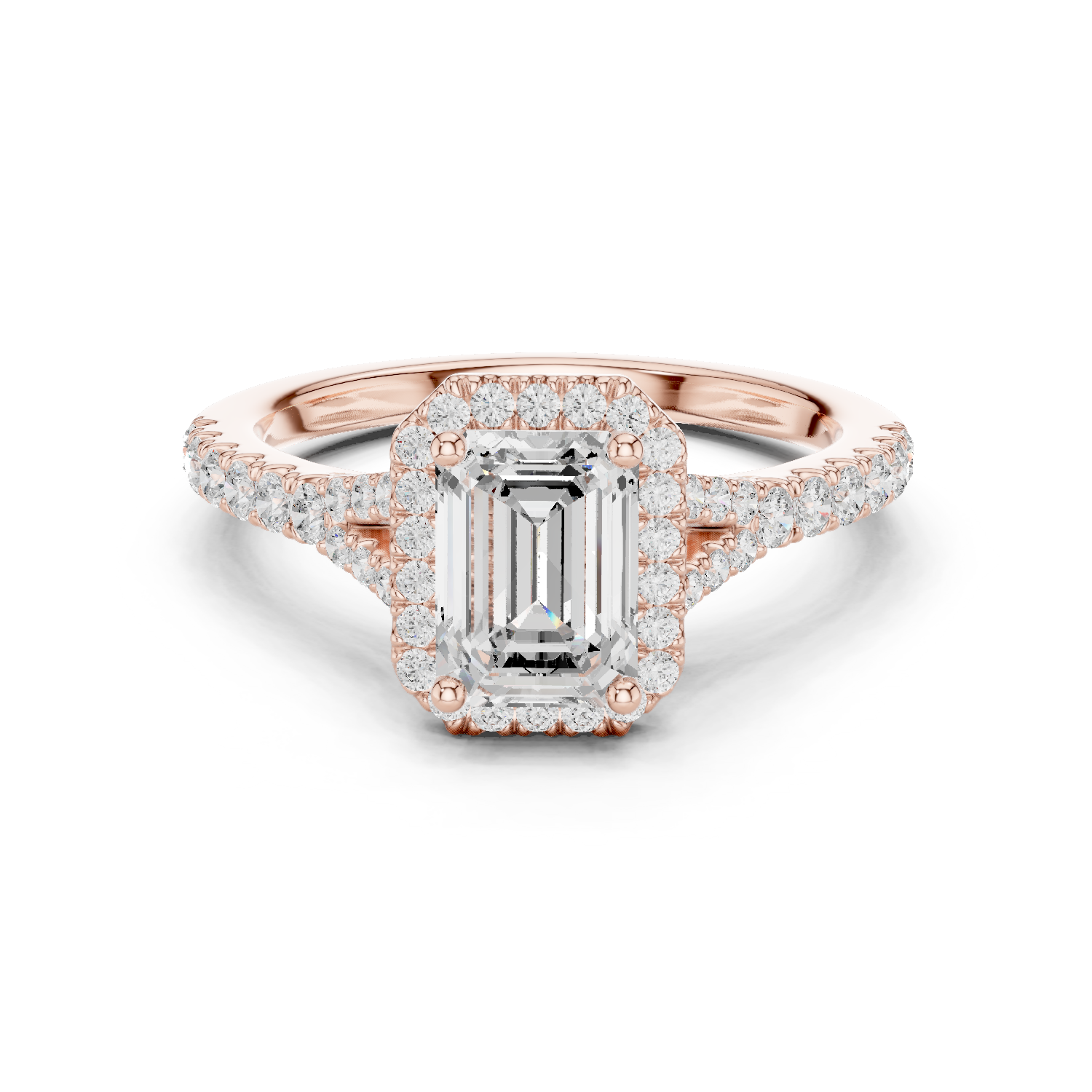 Emerald Cut Halo Engagement Ring with Pavé Diamond Band