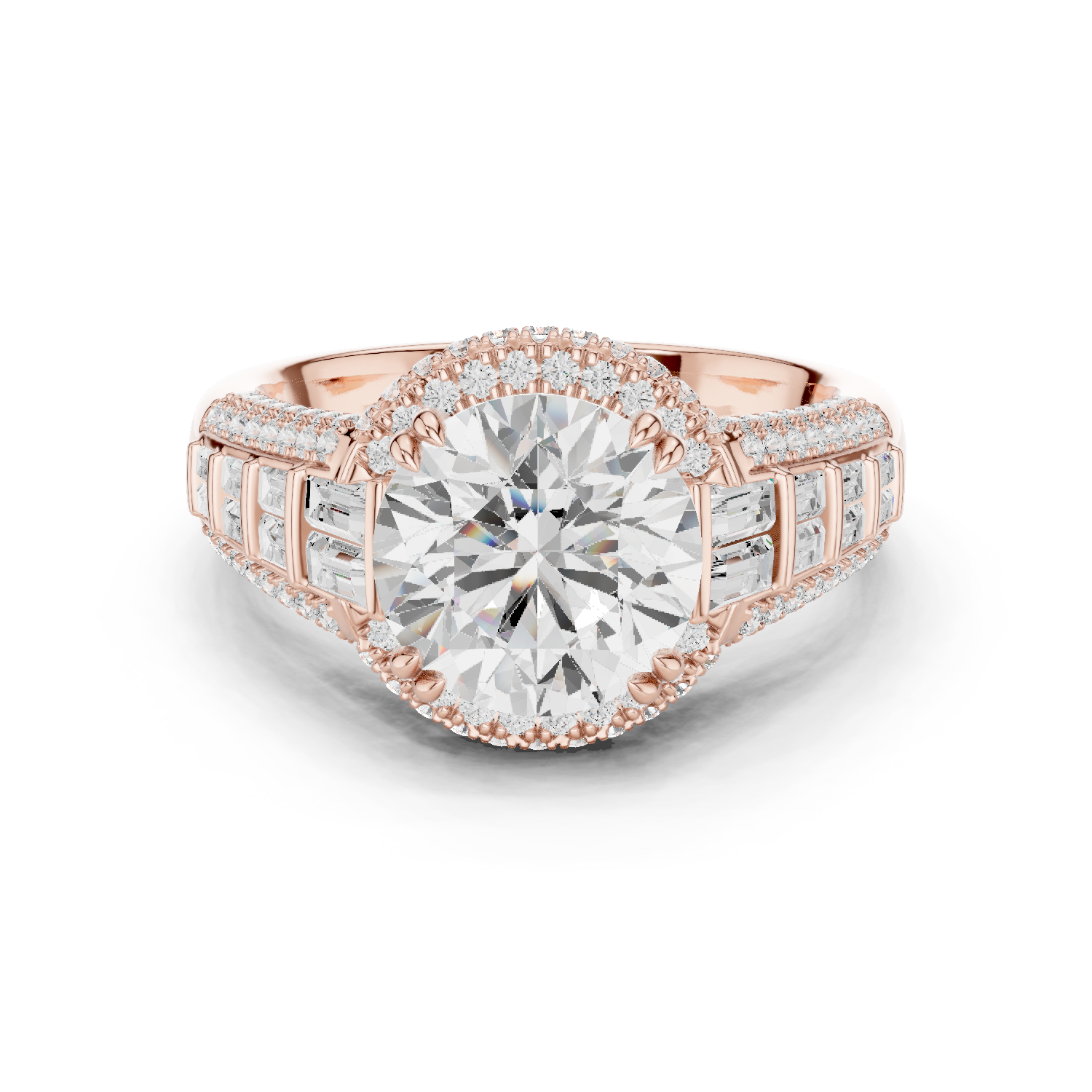 Round Cut Diamond Double Halo Baguette Engagement Ring