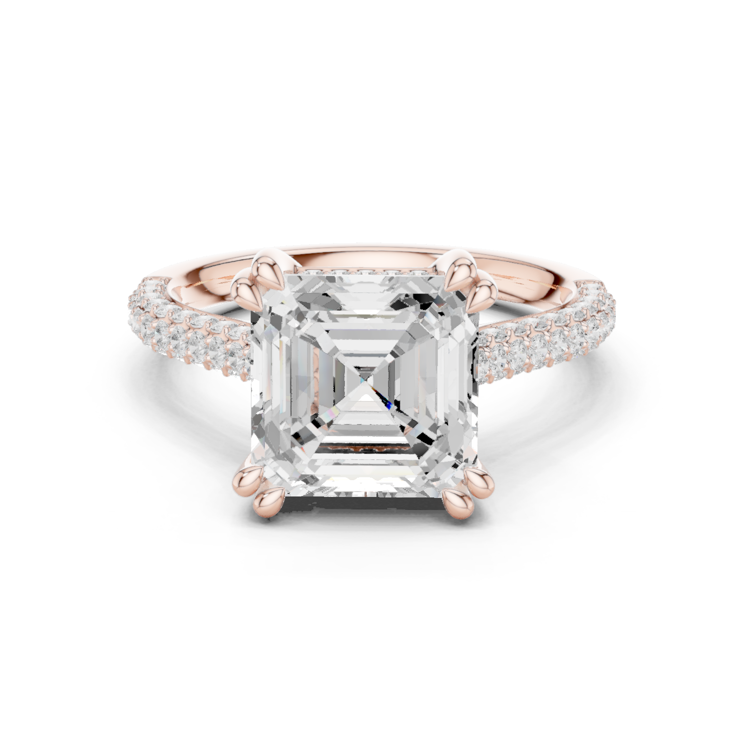 Asscher Cut Hidden Halo Diamond Engagement Ring with Double Pavé Band