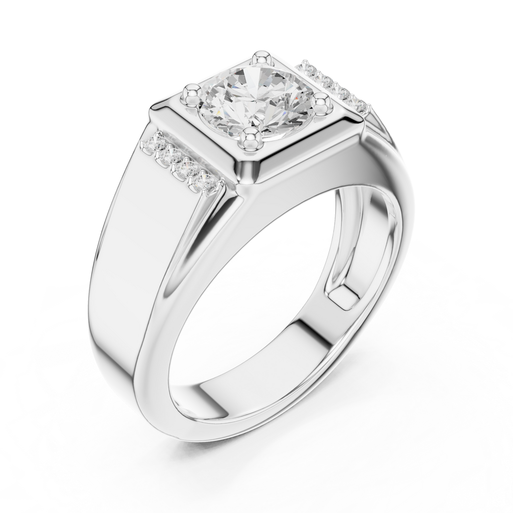 Round Diamond Men's Signet Ring with Side Accents