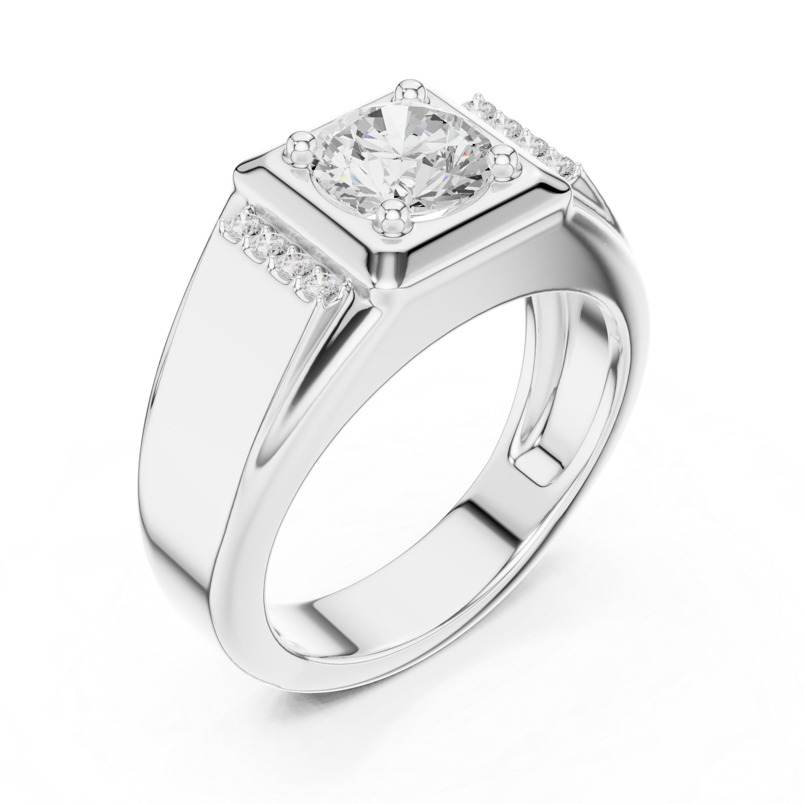 Round Diamond Men's Signet Ring with Side Accents