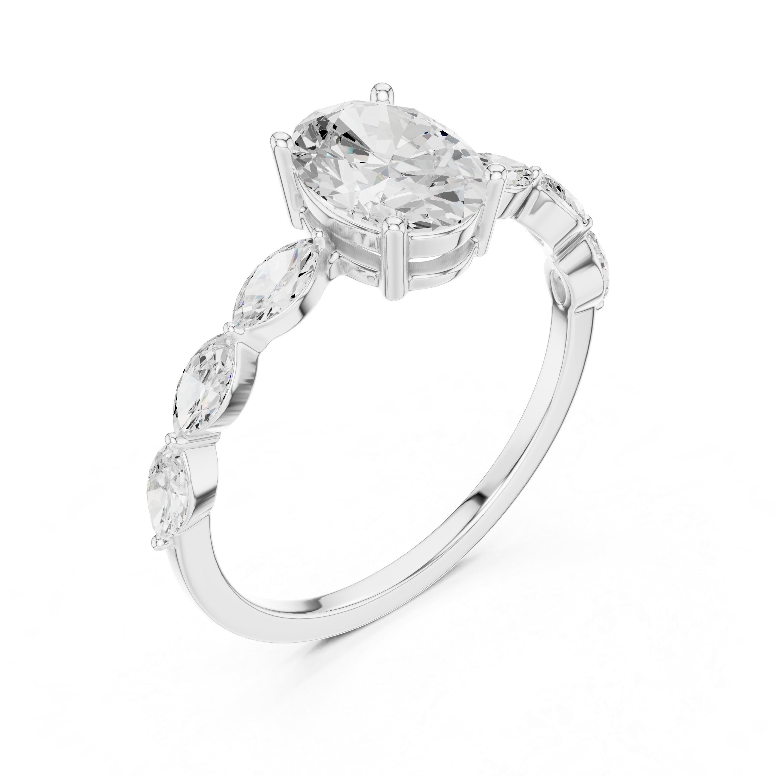Oval Cut Diamond Ring with Marquise Side Stones