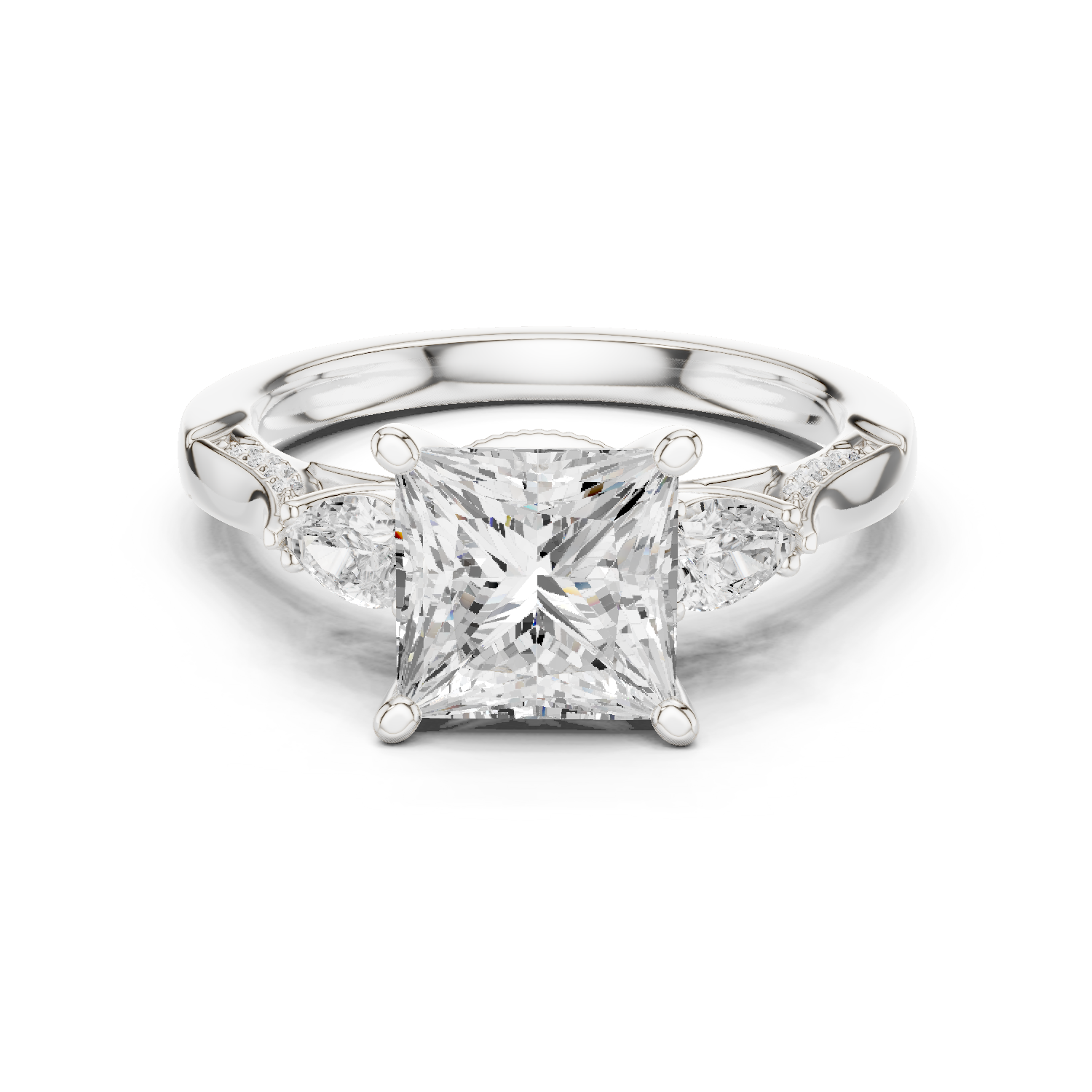Princess Cut Vintage Three Stone Diamond Engagement Ring with Pear Side Stones